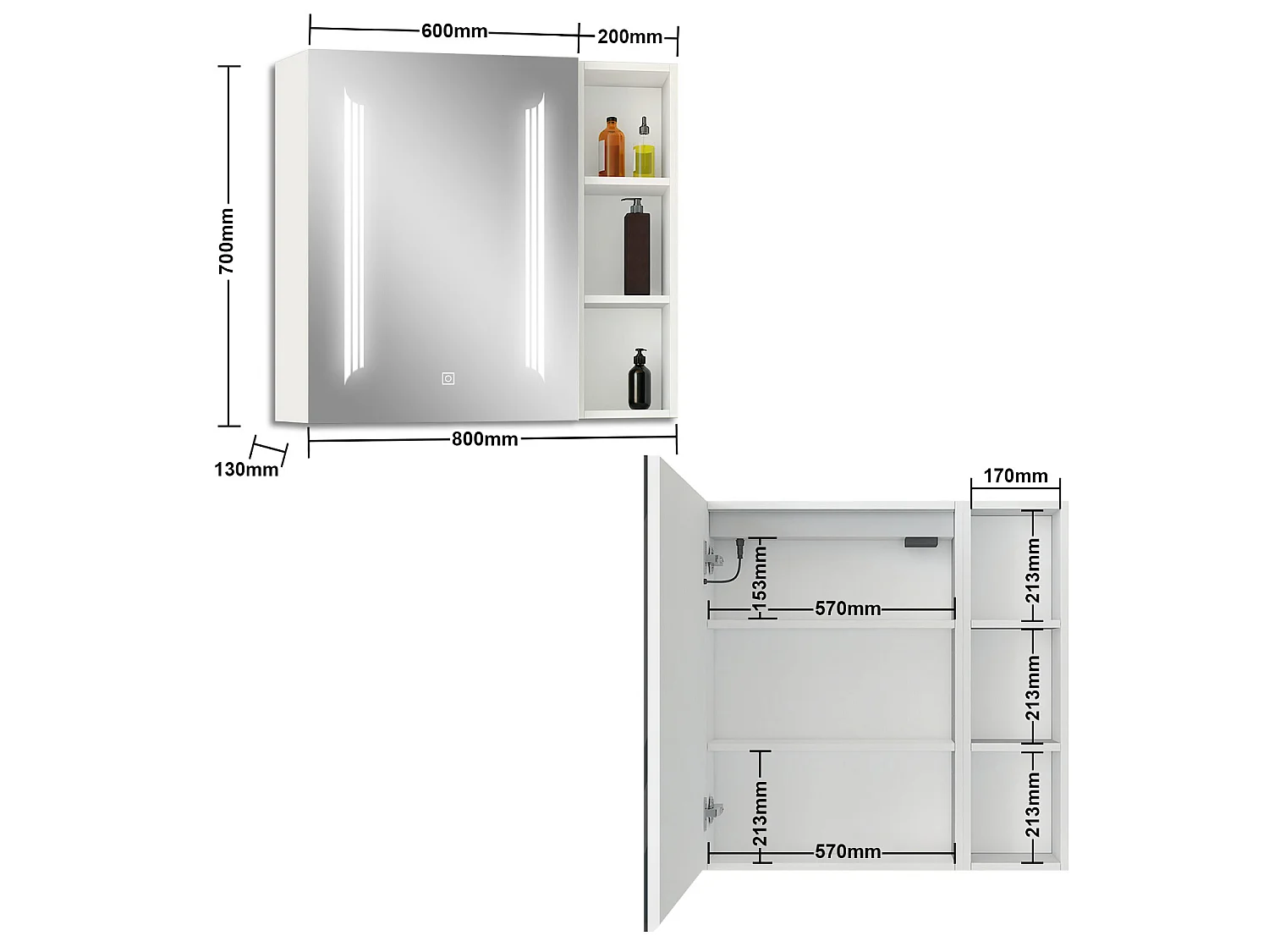 AICA LED Spiegelschrank mit Seiteschrank,80x70cm,3 Lichtfarben,dimmbar,Steckdose,Anti-Beschlag - Weiß Matt
