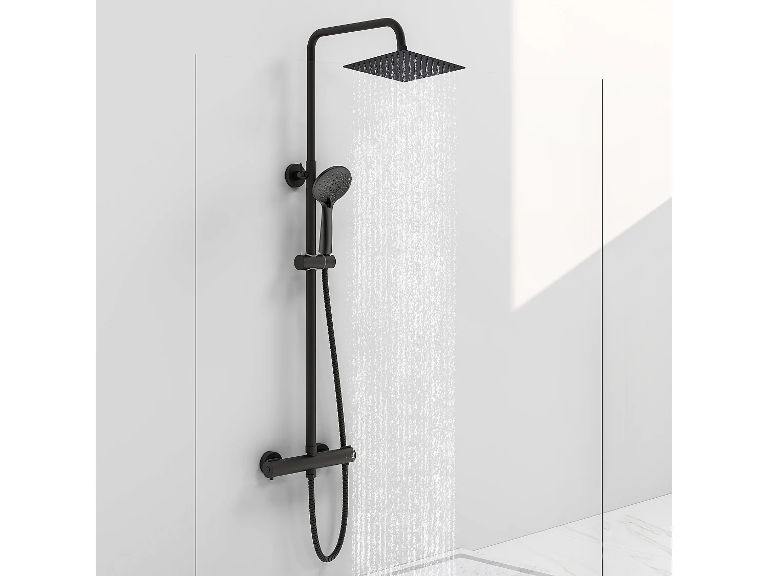 Colonne de douche thermostatique 200mm, kit carré noir AICA
