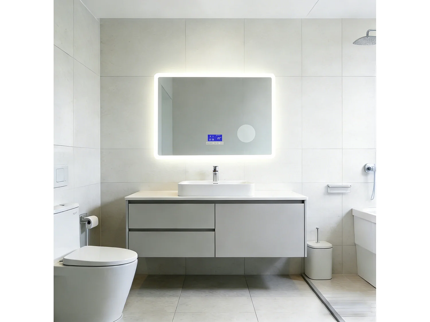 Miroir de salle de bain lumineux anti-buées rectangulaire 80x60 cm - Éclairage 3 Couleurs, Bluetooth,  Mémoire, Miroir grossissant ,Horloge