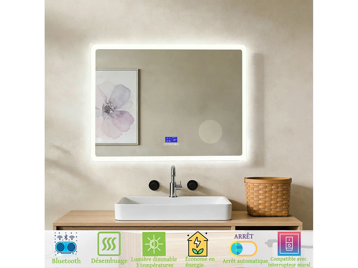 Miroir de salle de bain lumineux anti-buées rectangulaire 80x60 cm - Éclairage 3 Couleurs, Bluetooth,  Mémoire, Miroir grossissant ,Horloge