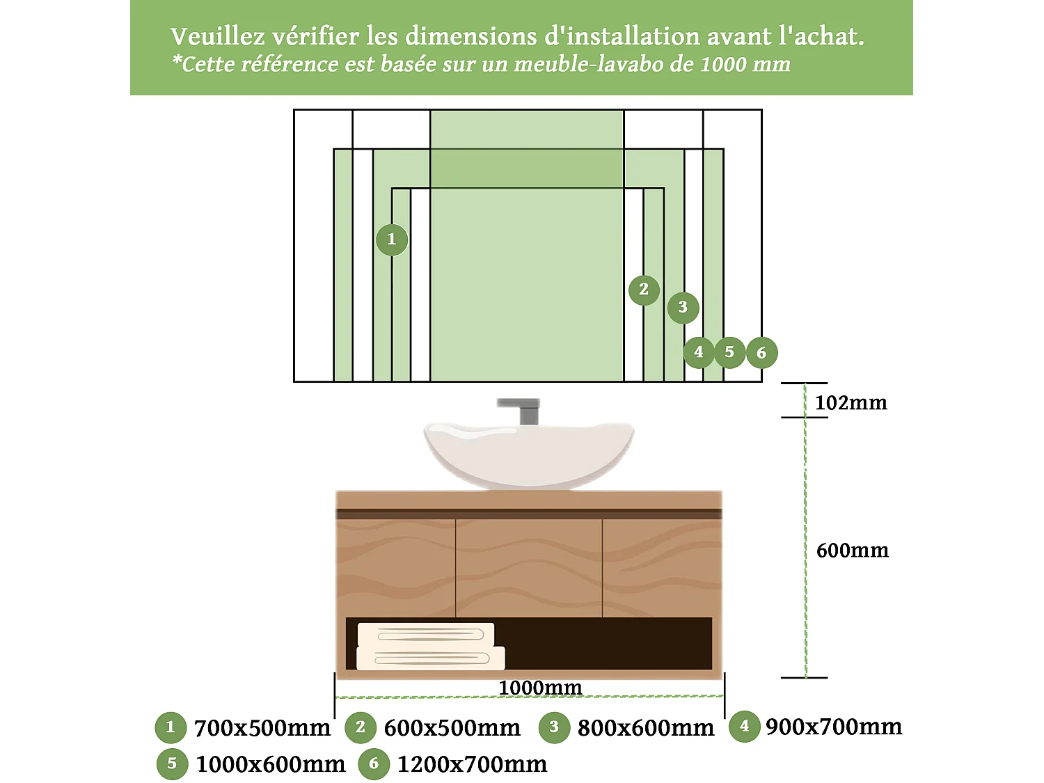 Miroir de salle de bain lumineux anti-buées rectangulaire 80x60 cm - Éclairage 3 Couleurs, Bluetooth,  Mémoire, Miroir grossissant ,Horloge