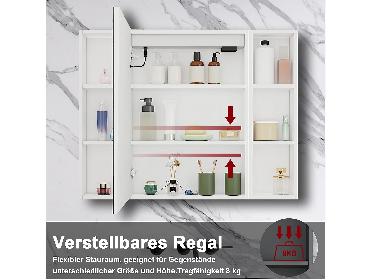 AICA LED Spiegelschrank mit Seiteschrank,90x70cm,Steckdose,3 Lichtfarbe dimmbar,Anti-Beschlag - Weiß Matt