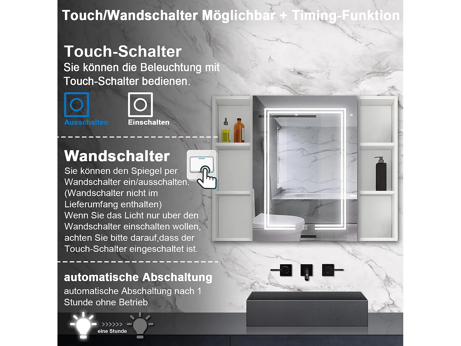 AICA LED Spiegelschrank mit Seiteschrank,100x70cm,Steckdose,3 Lichtfarbe dimmbar,Anti-Beschlag - Weiß Matt