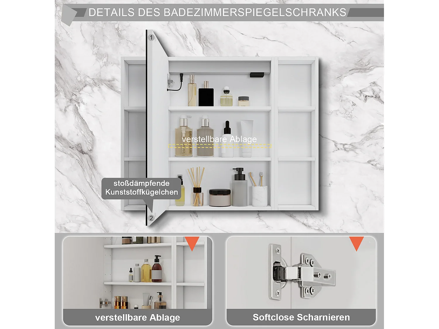AICA LED Spiegelschrank mit Seiteschrank,100x70cm,Steckdose,3 Lichtfarbe dimmbar,Anti-Beschlag - Weiß Matt