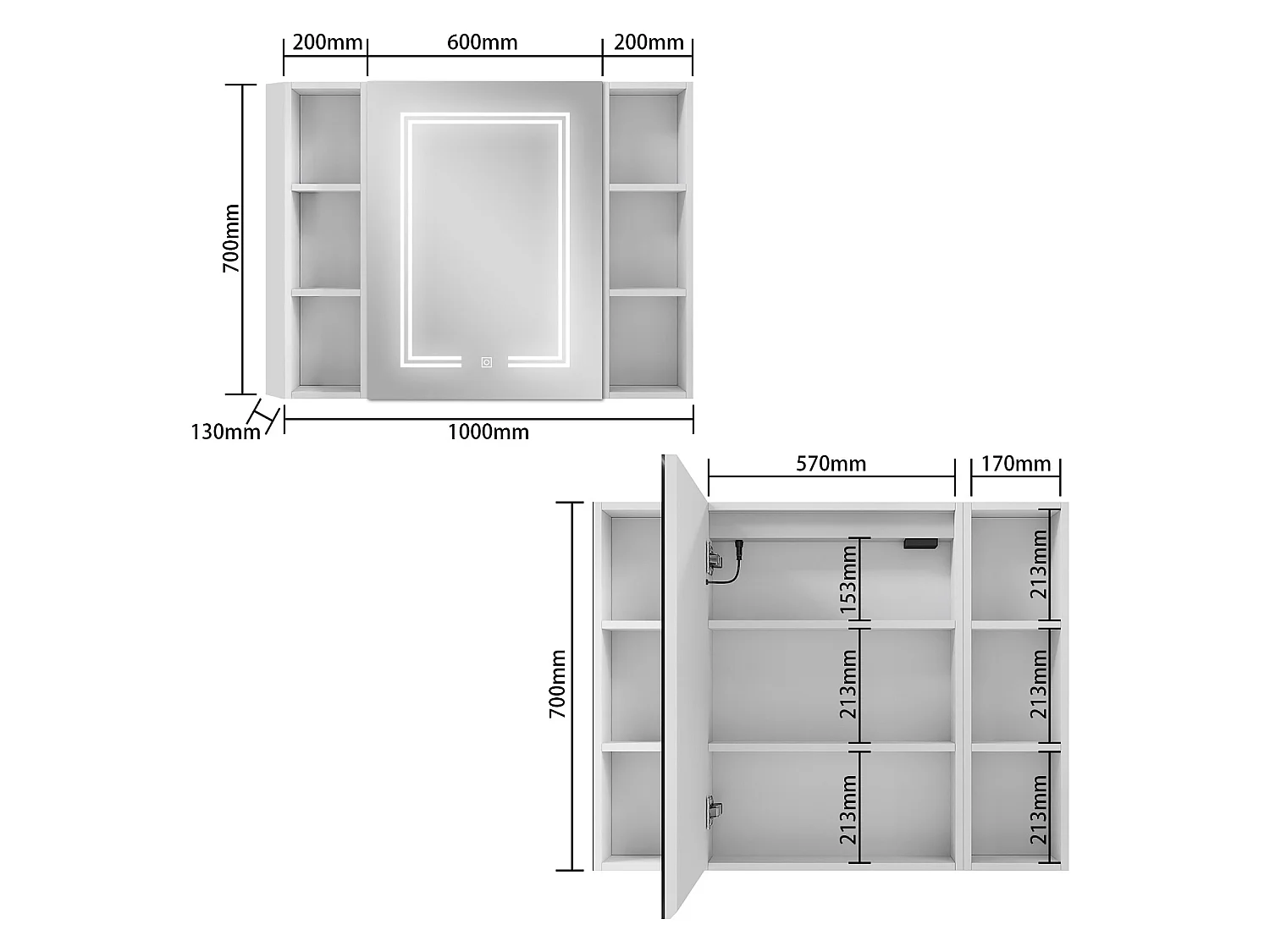 AICA LED Spiegelschrank mit Seiteschrank,100x70cm,Steckdose,3 Lichtfarbe dimmbar,Anti-Beschlag - Weiß Matt