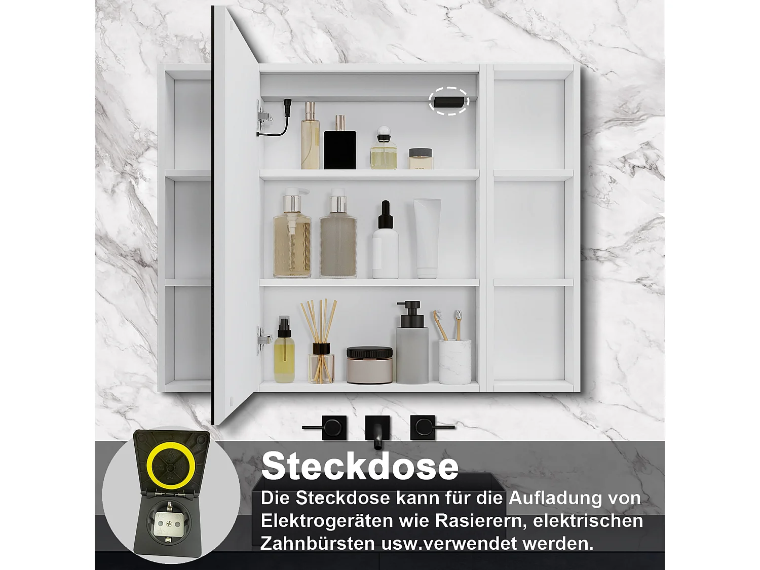 AICA LED Spiegelschrank mit Seiteschrank 80x70cm,Beschlagfrei,3 Lichtfarbe,Dimmbar,Steckdose - Weiß Matt