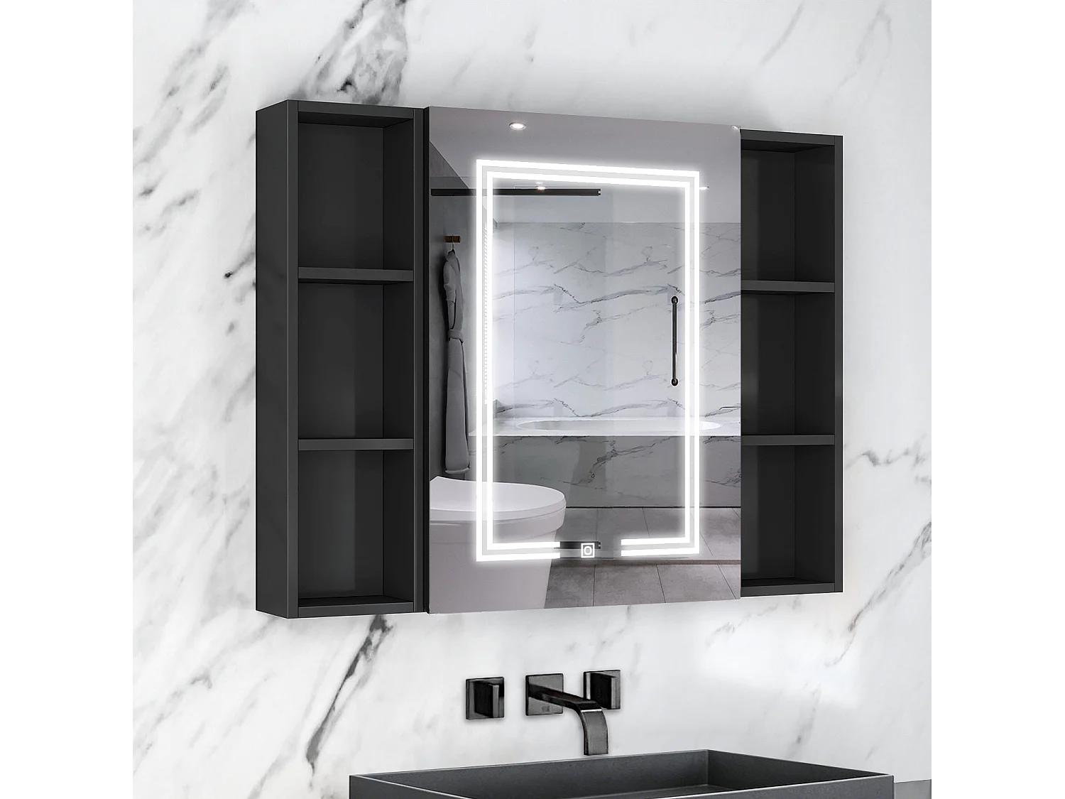 AICA LED Spiegelschrank mit Seiteschrank,90x70cm,Steckdose,3 Lichtfarbe dimmbar,Anti-Beschlag - Hochglanz Schwarz