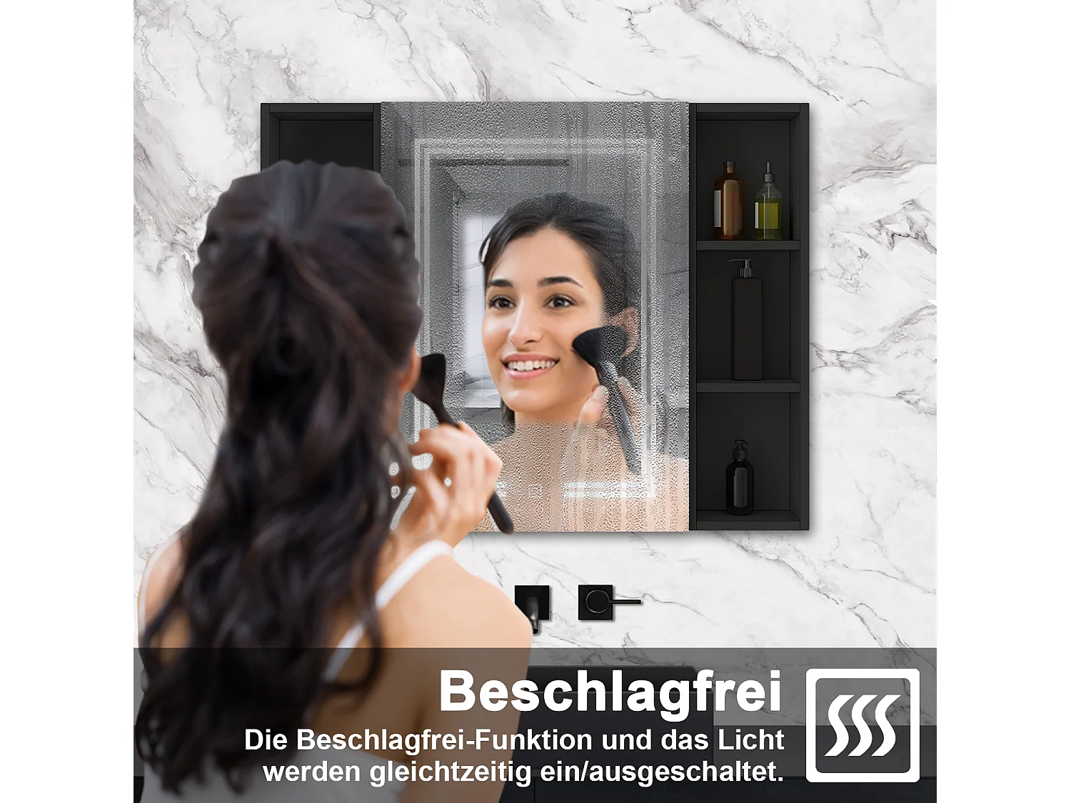 AICA LED Spiegelschrank mit Seiteschrank,90x70cm,Steckdose,3 Lichtfarbe dimmbar,Anti-Beschlag - Hochglanz Schwarz