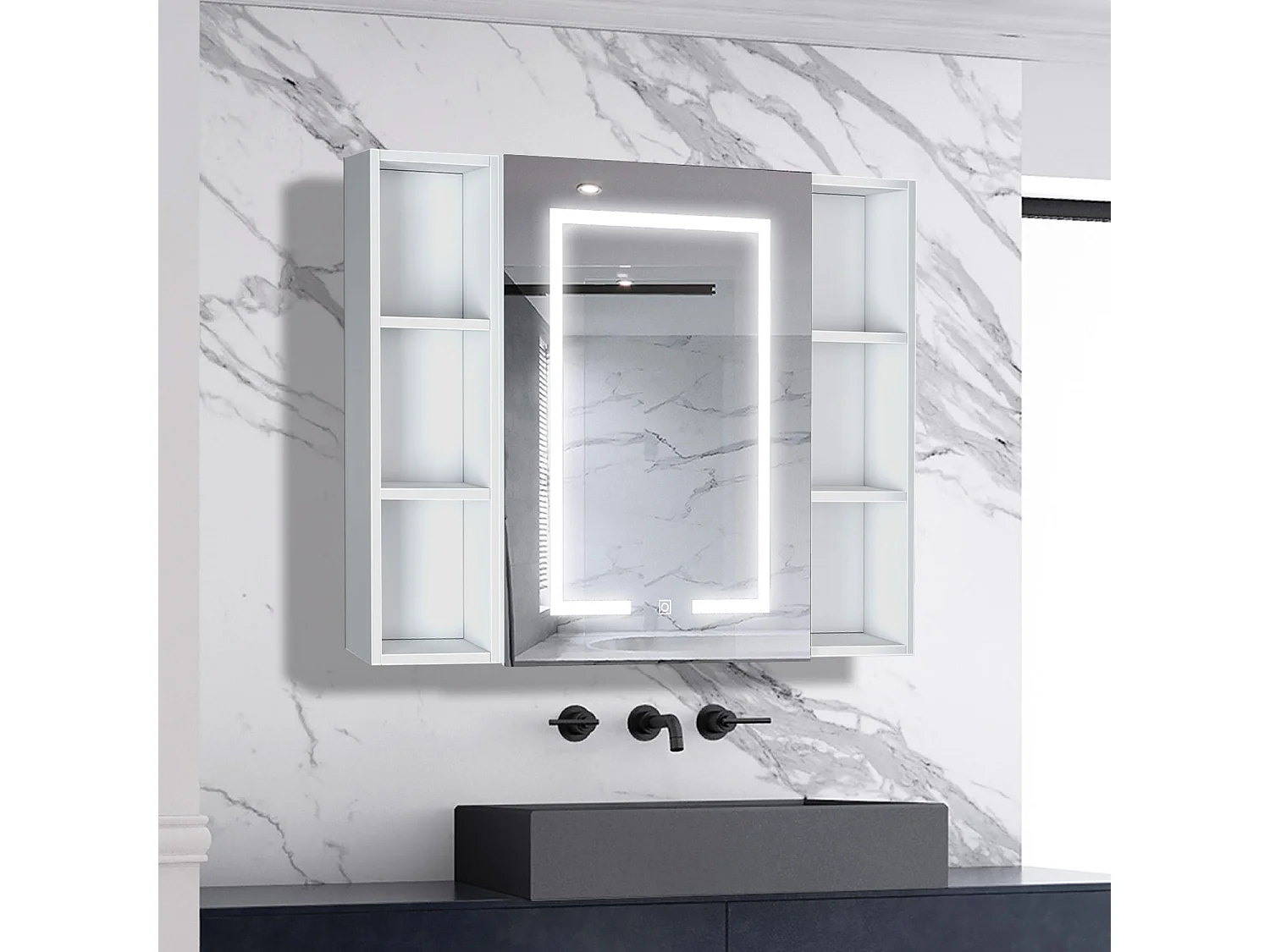 AICA LED Spiegelschrank mit Seiteschrank 100x70cm,Beschlagfrei,3 Lichtfarbe,Dimmbar,Steckdose - Weiß Matt