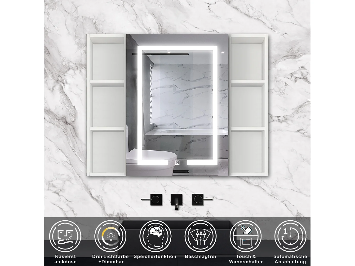 AICA LED Spiegelschrank mit Seiteschrank 100x70cm,Beschlagfrei,3 Lichtfarbe,Dimmbar,Steckdose - Weiß Matt