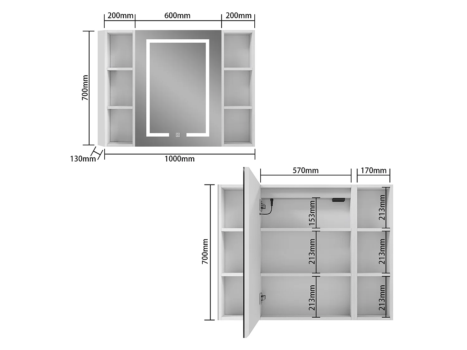AICA LED Spiegelschrank mit Seiteschrank 100x70cm,Beschlagfrei,3 Lichtfarbe,Dimmbar,Steckdose - Weiß Matt