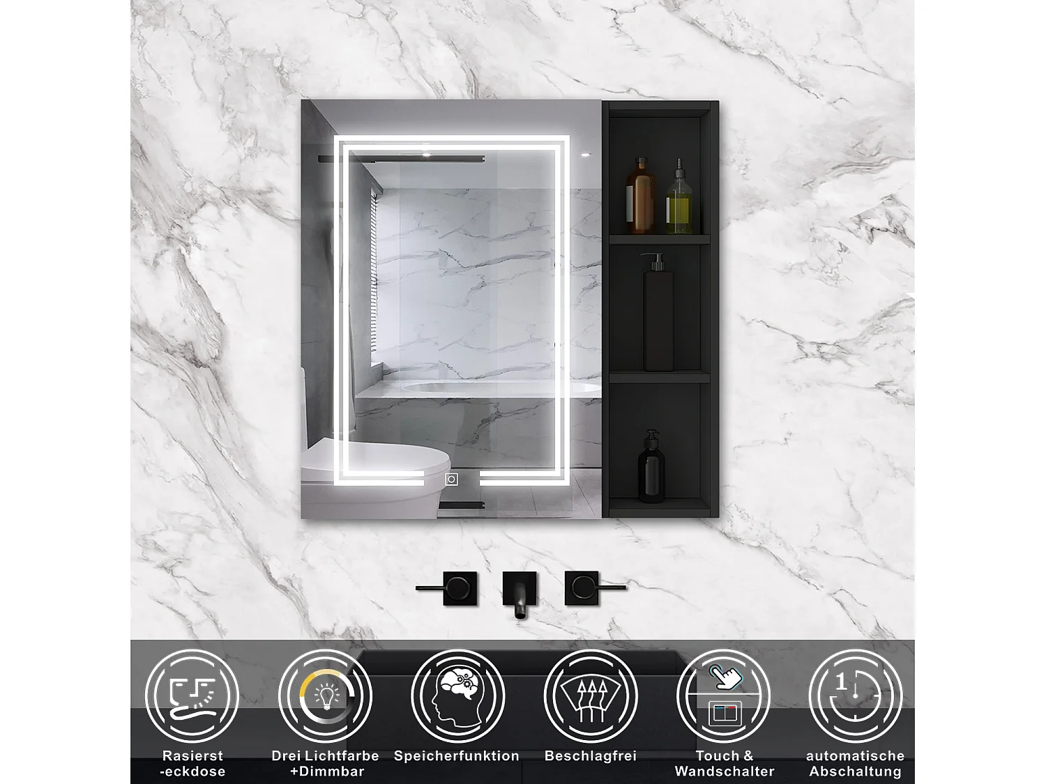 AICA LED Spiegelschrank mit Seiteschrank,80x70cm,Steckdose,3 Lichtfarbe dimmbar,Anti-Beschlag - Hochglanz Schwarz