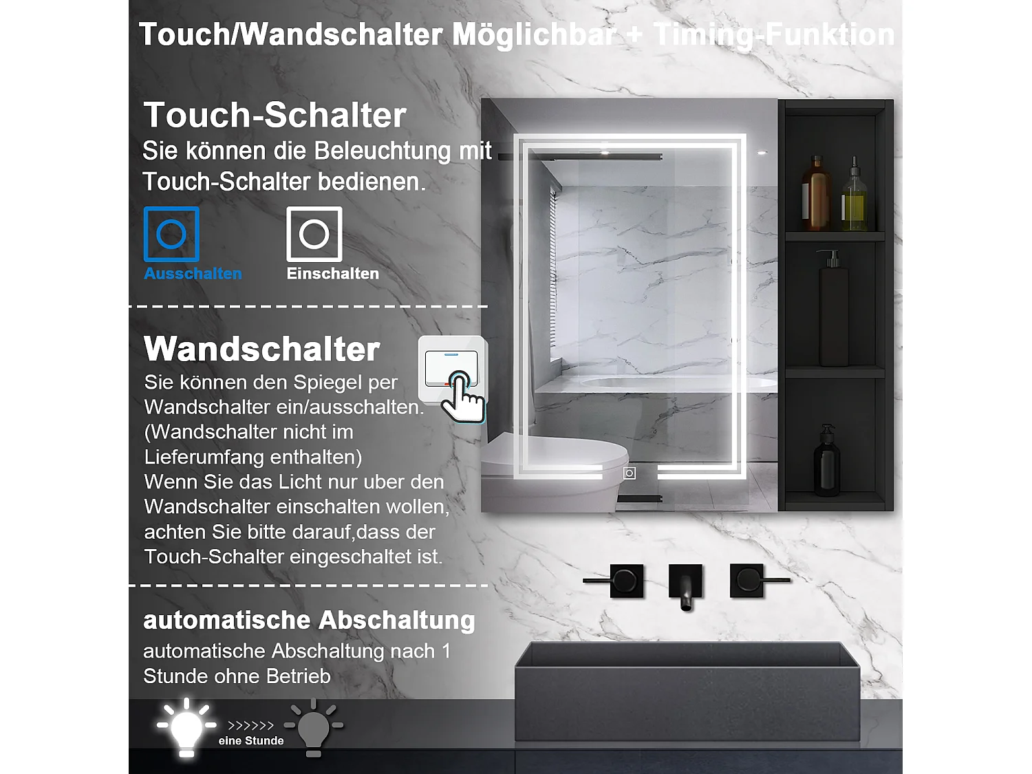 AICA LED Spiegelschrank mit Seiteschrank,80x70cm,Steckdose,3 Lichtfarbe dimmbar,Anti-Beschlag - Hochglanz Schwarz