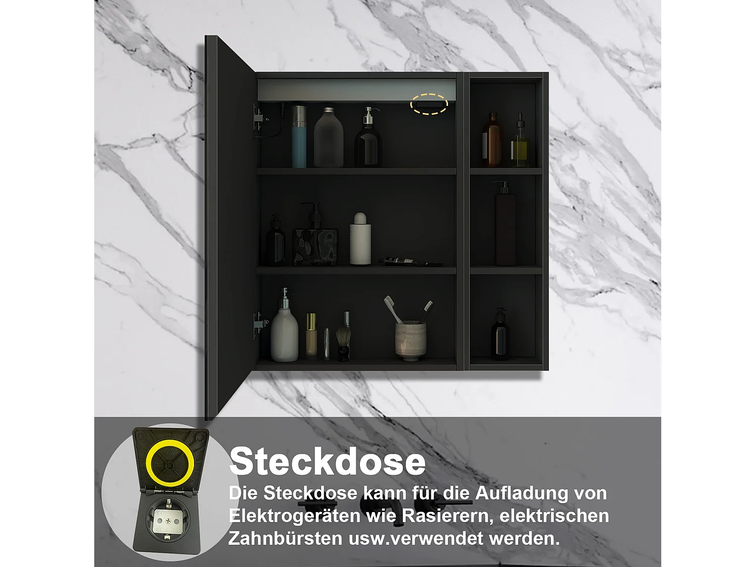AICA LED Spiegelschrank mit Seiteschrank,80x70cm,Steckdose,3 Lichtfarbe dimmbar,Anti-Beschlag - Hochglanz Schwarz