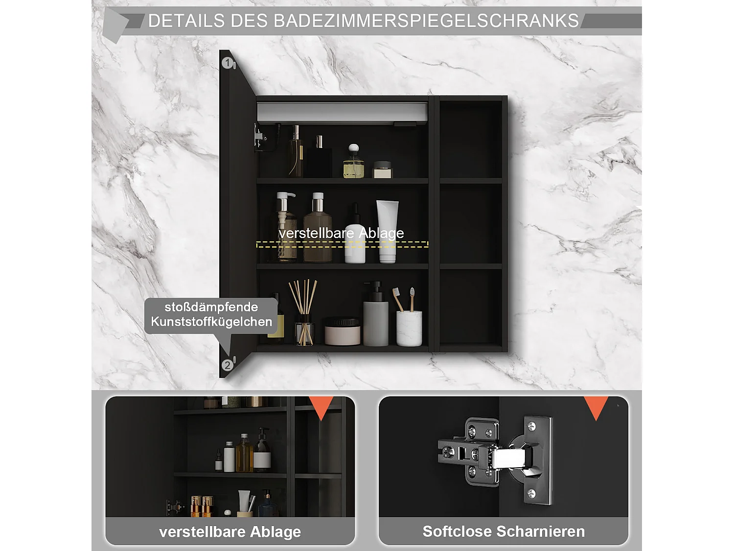 AICA LED Spiegelschrank mit Seiteschrank,80x70cm,Steckdose,3 Lichtfarbe dimmbar,Anti-Beschlag - Hochglanz Schwarz
