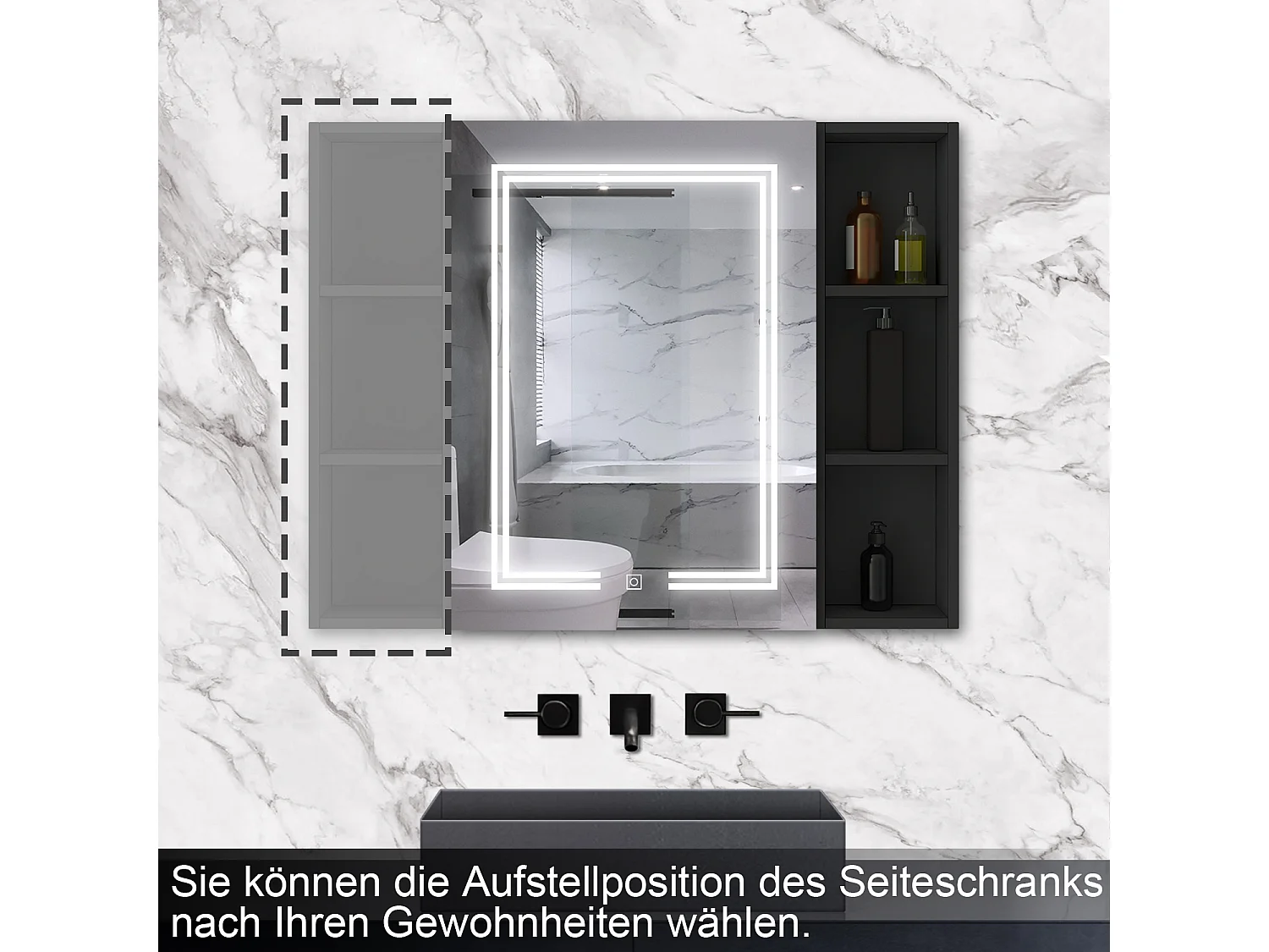 AICA LED Spiegelschrank mit Seiteschrank,80x70cm,Steckdose,3 Lichtfarbe dimmbar,Anti-Beschlag - Hochglanz Schwarz