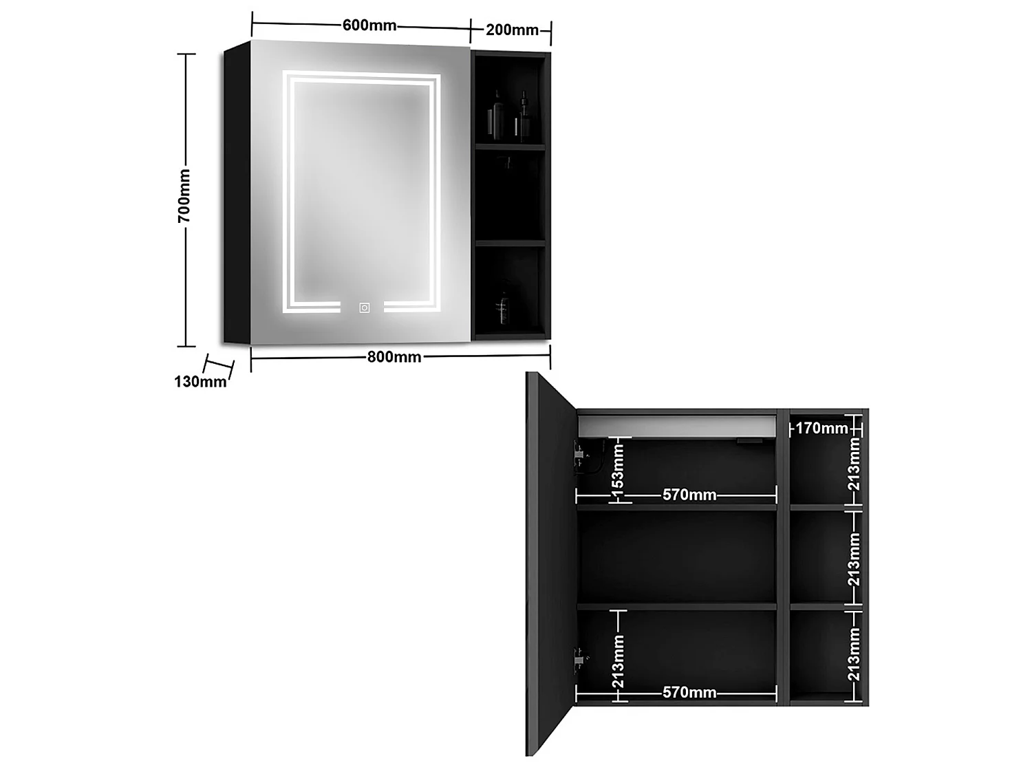 AICA LED Spiegelschrank mit Seiteschrank,80x70cm,Steckdose,3 Lichtfarbe dimmbar,Anti-Beschlag - Hochglanz Schwarz