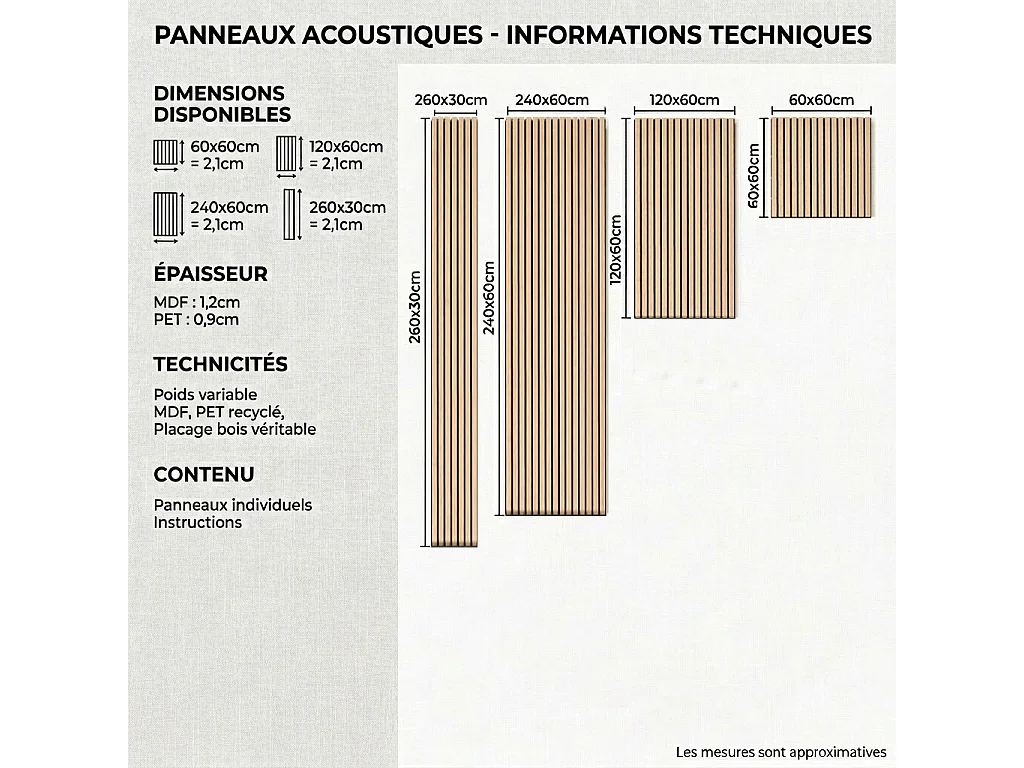 Panneaux muraux acoustiques MDF - Lot 2 x (240 x 60 ) ép.21mm- Fini chêne foncé - NRC 0,7