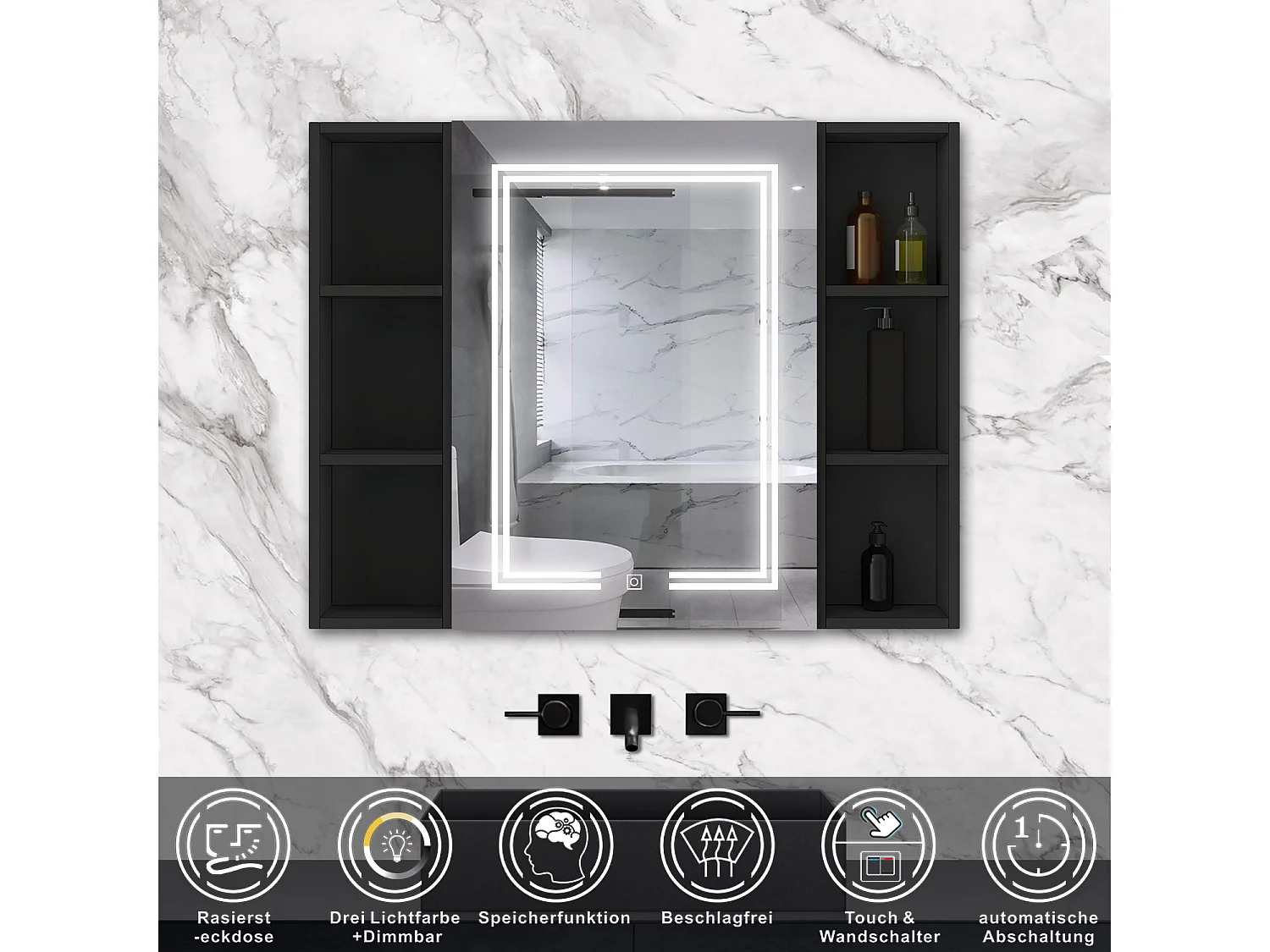 AICA LED Spiegelschrank mit Seiteschrank,100x70cm,Steckdose,3 Lichtfarbe dimmbar,Anti-Beschlag - Hochglanz Schwarz
