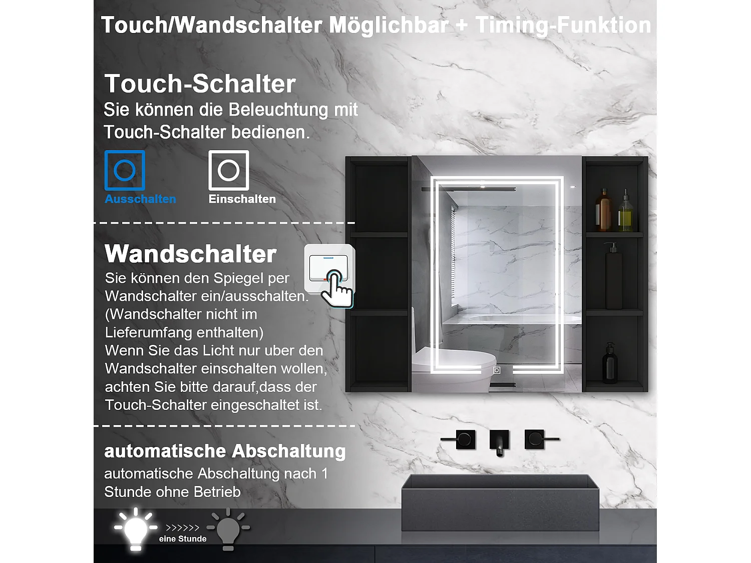 AICA LED Spiegelschrank mit Seiteschrank,100x70cm,Steckdose,3 Lichtfarbe dimmbar,Anti-Beschlag - Hochglanz Schwarz