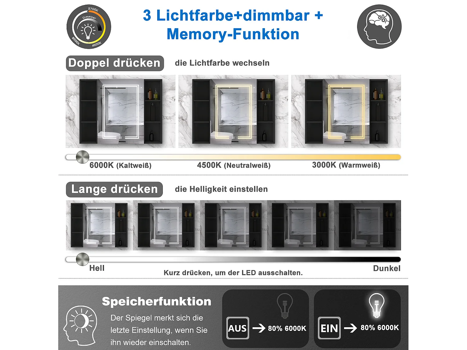 AICA LED Spiegelschrank mit Seiteschrank,100x70cm,Steckdose,3 Lichtfarbe dimmbar,Anti-Beschlag - Hochglanz Schwarz