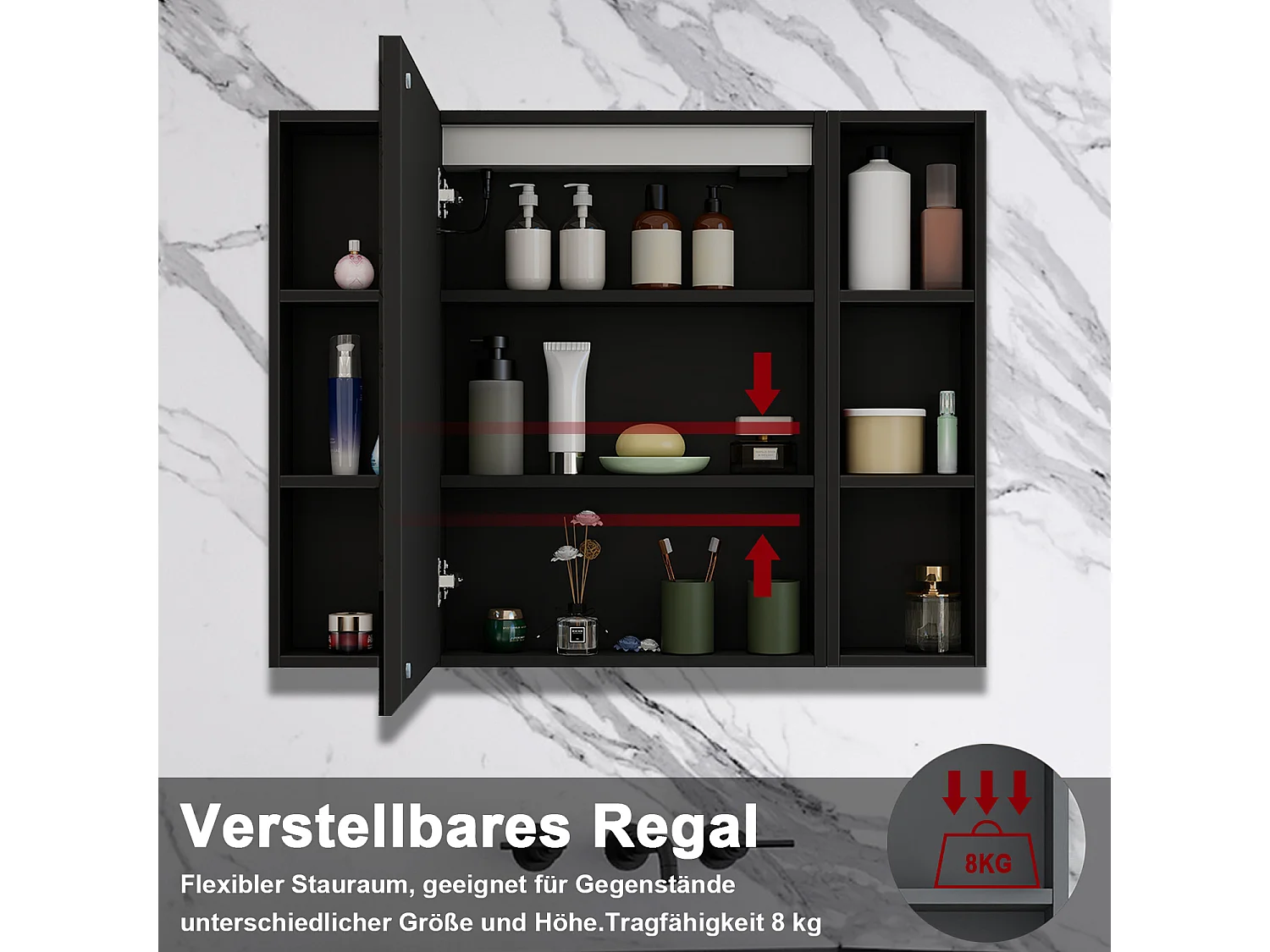 AICA LED Spiegelschrank mit Seiteschrank,100x70cm,Steckdose,3 Lichtfarbe dimmbar,Anti-Beschlag - Hochglanz Schwarz