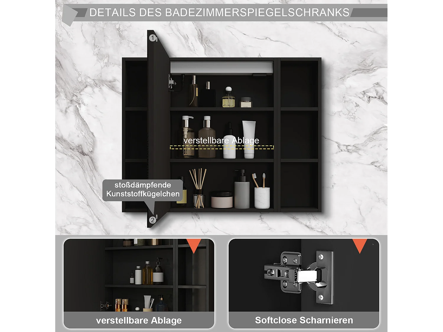 AICA LED Spiegelschrank mit Seiteschrank,100x70cm,Steckdose,3 Lichtfarbe dimmbar,Anti-Beschlag - Hochglanz Schwarz