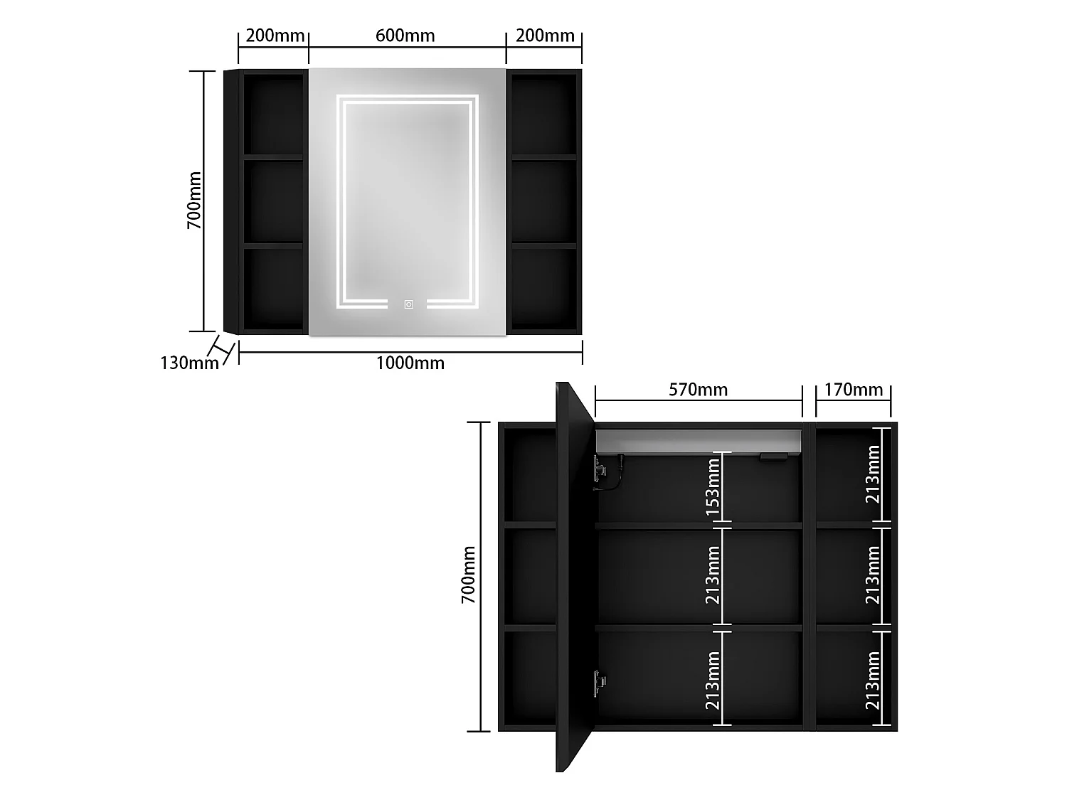 AICA LED Spiegelschrank mit Seiteschrank,100x70cm,Steckdose,3 Lichtfarbe dimmbar,Anti-Beschlag - Hochglanz Schwarz