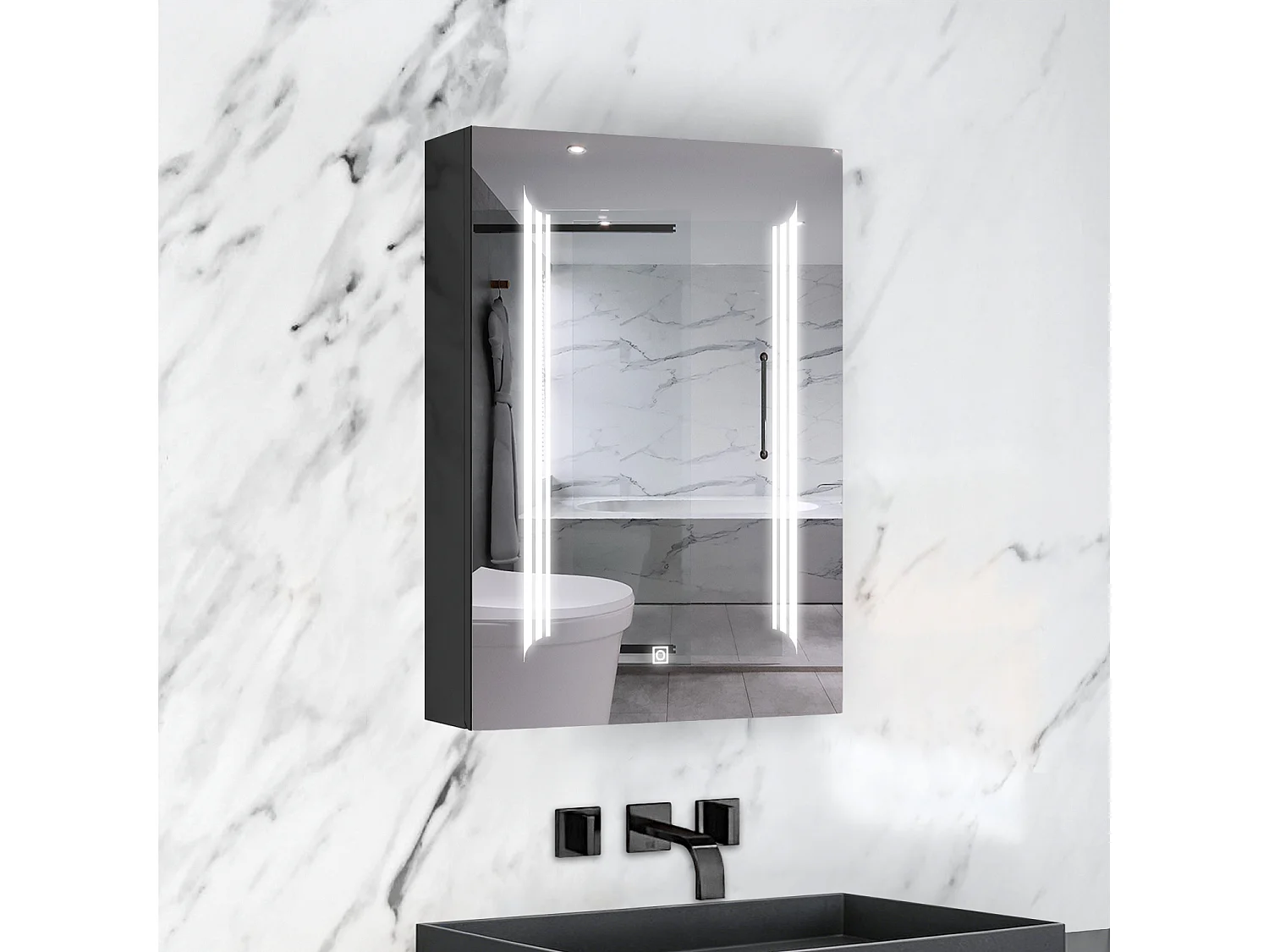 AICA LED Spiegelschrank mit Steckdose,60x70cm,3 Lichtfarben,dimmbar,Anti-Beschlag - Hochglanz Schwarz