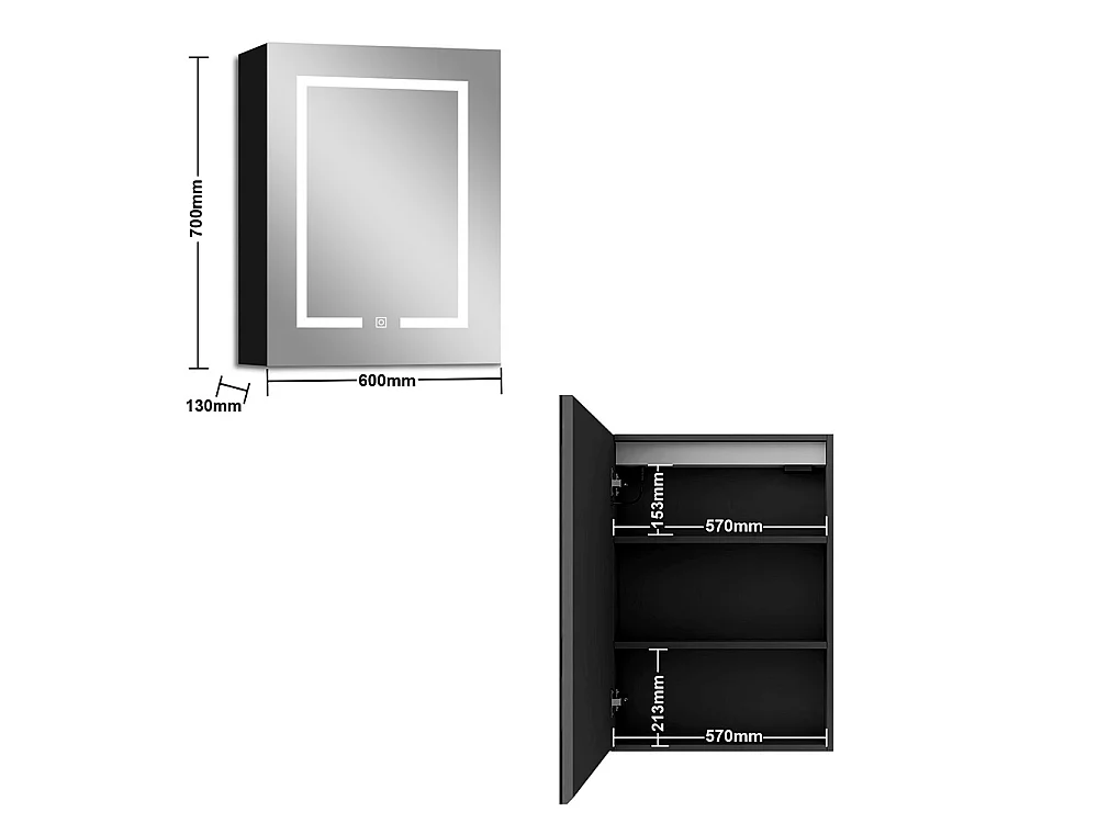 AICA LED Spiegelschrank mit Steckdose,60x70cm,3 Lichtfarben,dimmbar,Anti-Beschlag - Hochglanz Schwarz