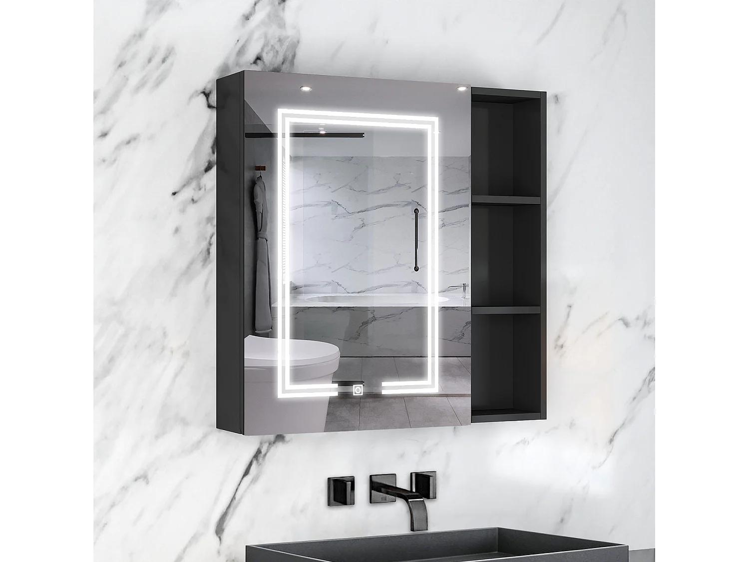 AICA LED Spiegelschrank mit Seiteschrank,70x70cm,Steckdose,3 Lichtfarbe dimmbar,Anti-Beschlag - Hochglanz Schwarz