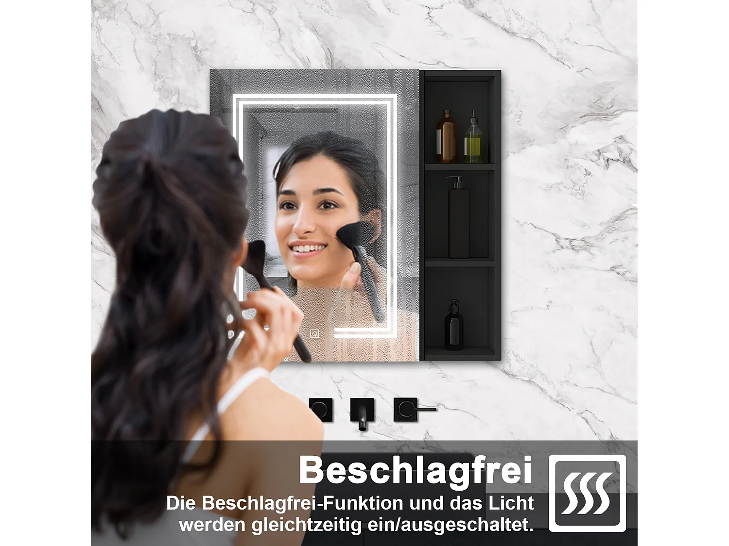 AICA LED Spiegelschrank mit Seiteschrank,70x70cm,Steckdose,3 Lichtfarbe dimmbar,Anti-Beschlag - Hochglanz Schwarz