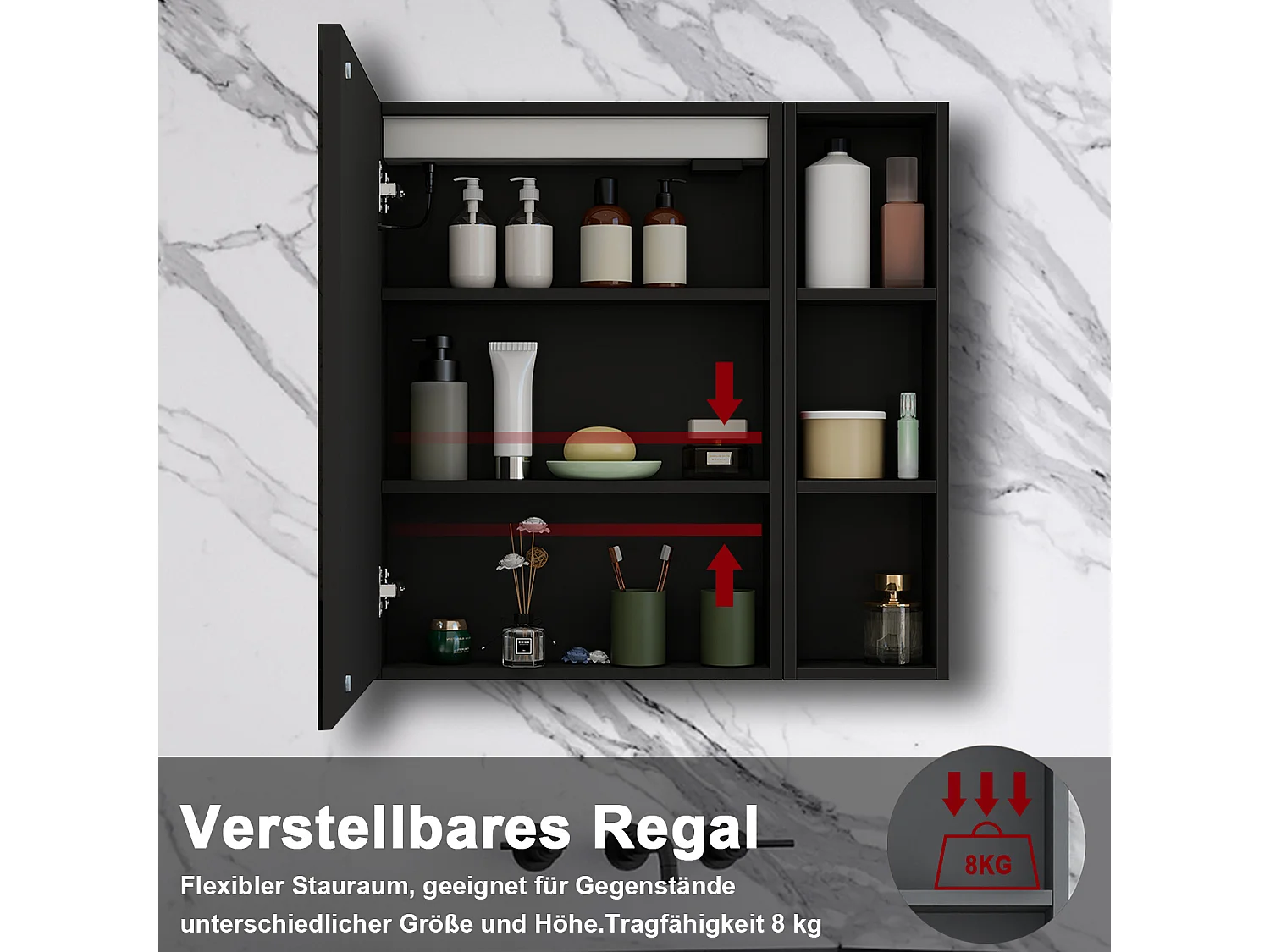 AICA LED Spiegelschrank mit Seiteschrank,70x70cm,Steckdose,3 Lichtfarbe dimmbar,Anti-Beschlag - Hochglanz Schwarz