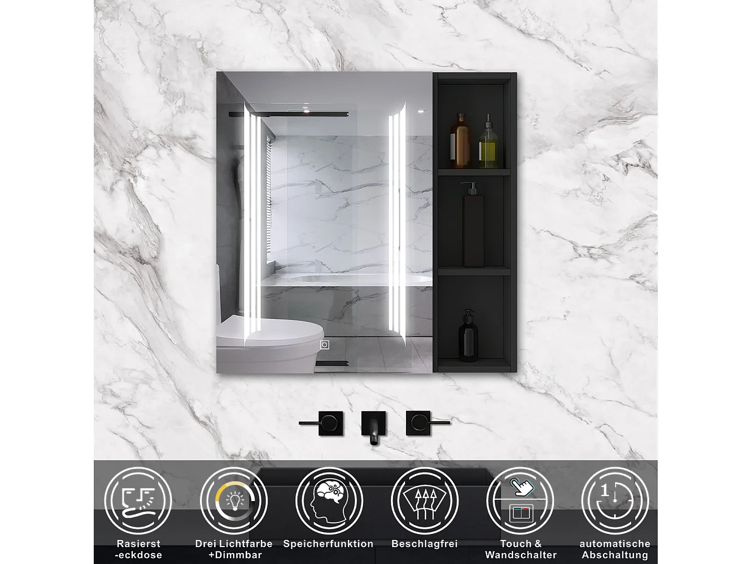 AICA LED Spiegelschrank mit Seiteschrank,80x70cm,3 Lichtfarben,dimmbar,Steckdose,Anti-Beschlag - Hochglanz Schwarz