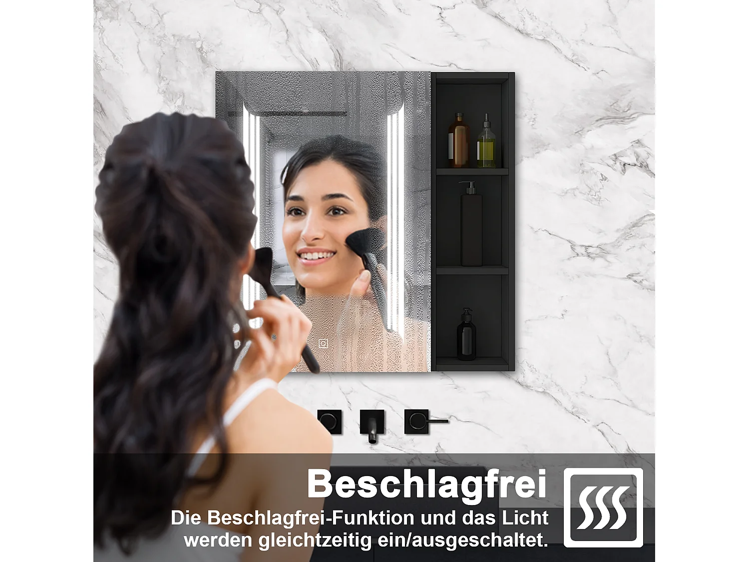 AICA LED Spiegelschrank mit Seiteschrank,80x70cm,3 Lichtfarben,dimmbar,Steckdose,Anti-Beschlag - Hochglanz Schwarz