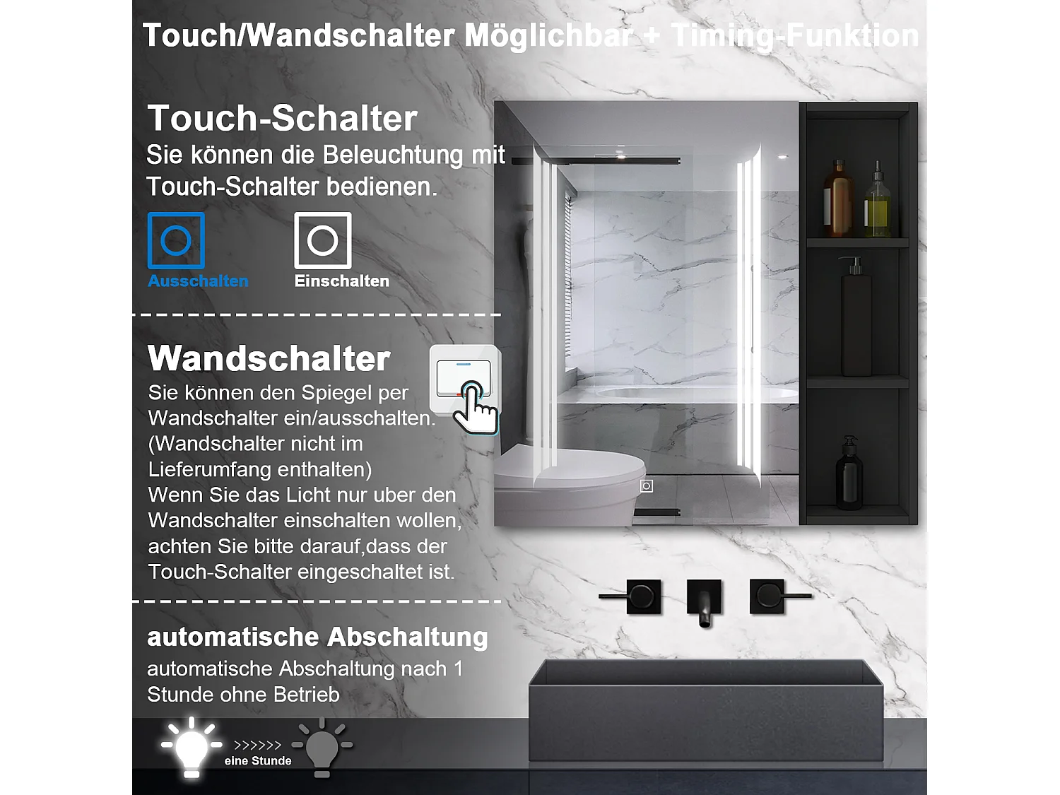 AICA LED Spiegelschrank mit Seiteschrank,80x70cm,3 Lichtfarben,dimmbar,Steckdose,Anti-Beschlag - Hochglanz Schwarz