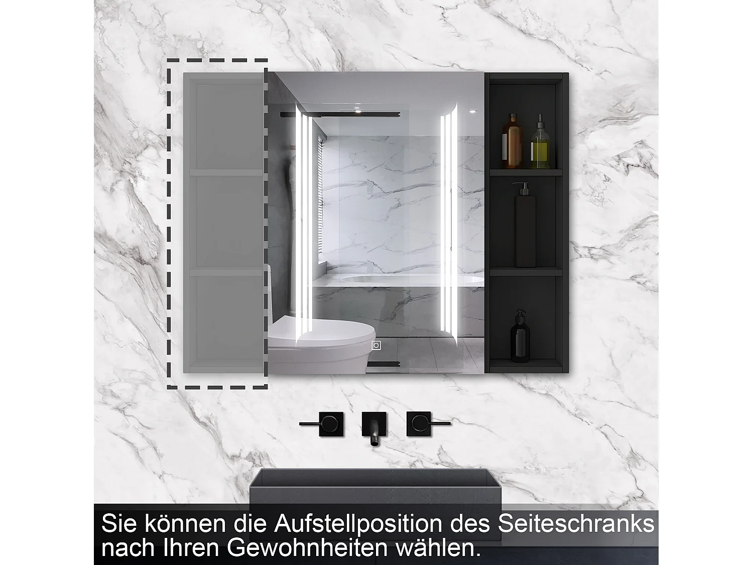 AICA LED Spiegelschrank mit Seiteschrank,80x70cm,3 Lichtfarben,dimmbar,Steckdose,Anti-Beschlag - Hochglanz Schwarz