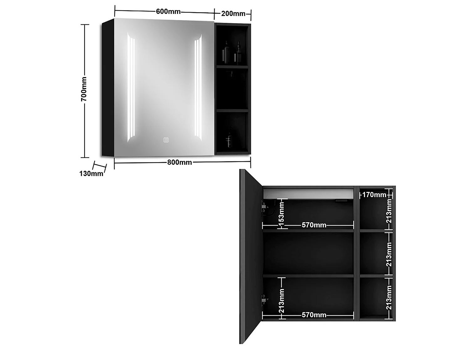 AICA LED Spiegelschrank mit Seiteschrank,80x70cm,3 Lichtfarben,dimmbar,Steckdose,Anti-Beschlag - Hochglanz Schwarz