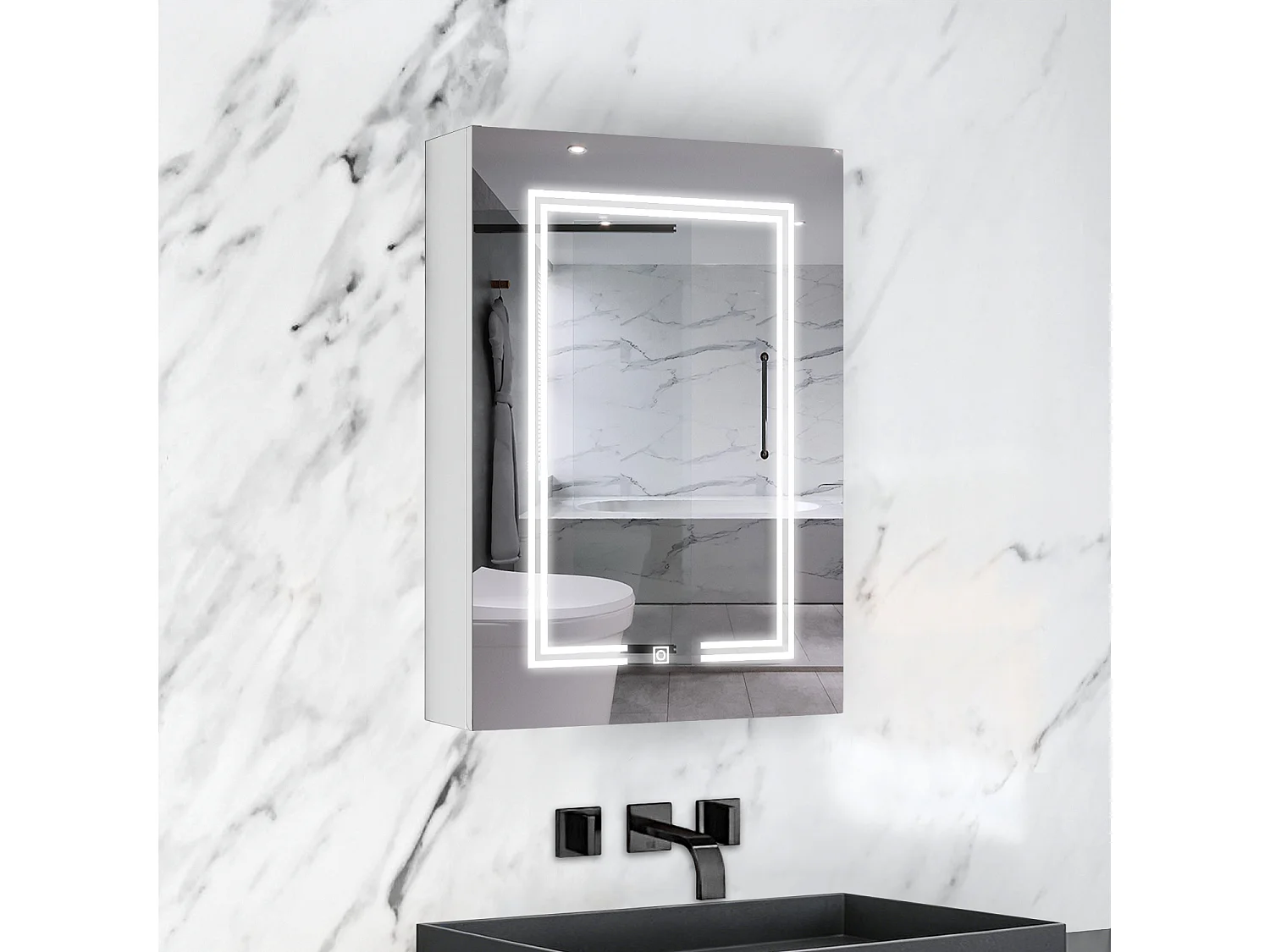 AICA LED Spiegelschrank mit Steckdose 60x70cm,3 Lichtfarbe dimmbar,Anti-Beschlag - Weiß Matt