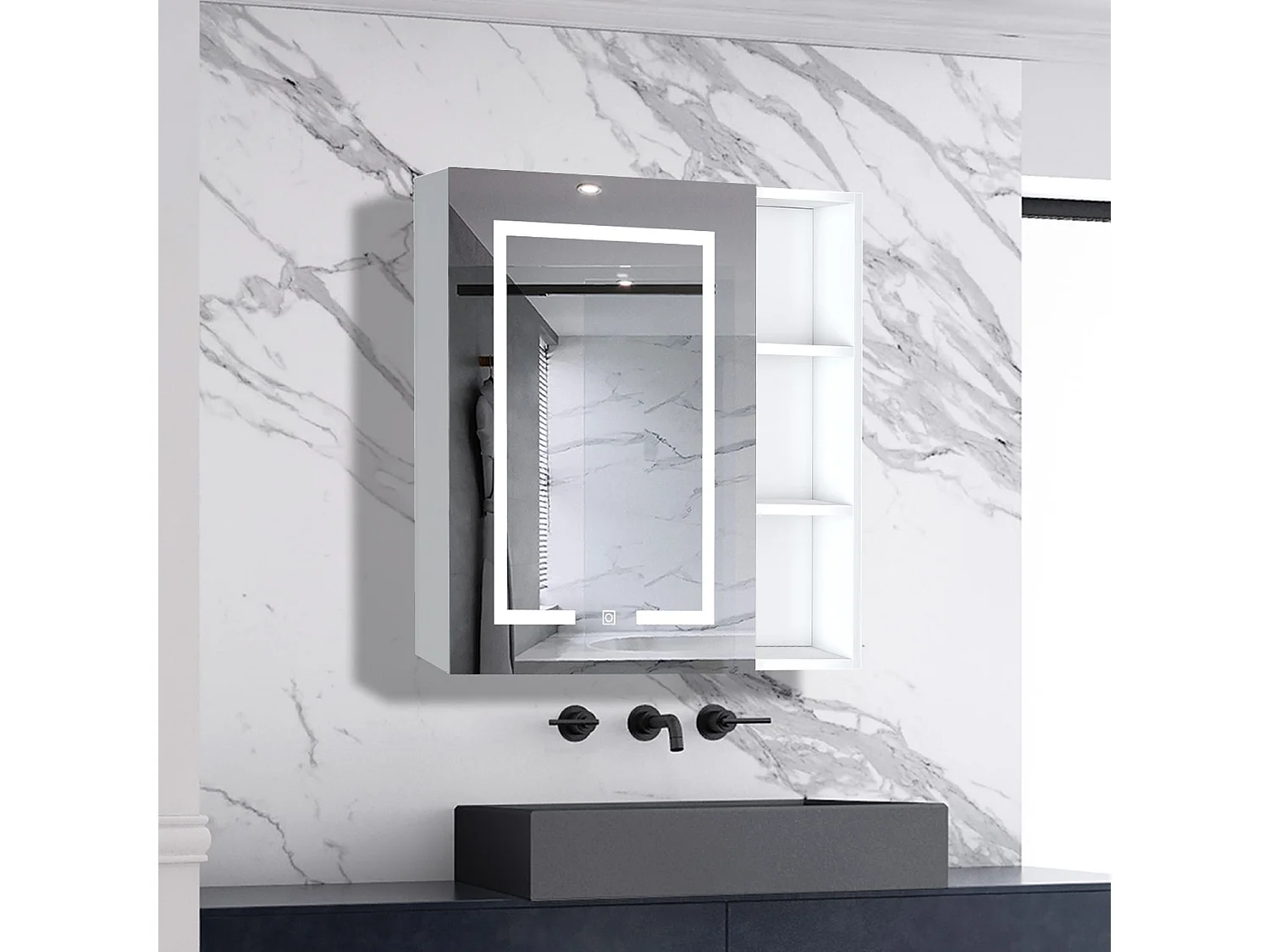 AICA LED Spiegelschrank mit Seiteschrank 80x70cm,Beschlagfrei,3 Lichtfarbe,Dimmbar,Steckdose - Weiß Matt