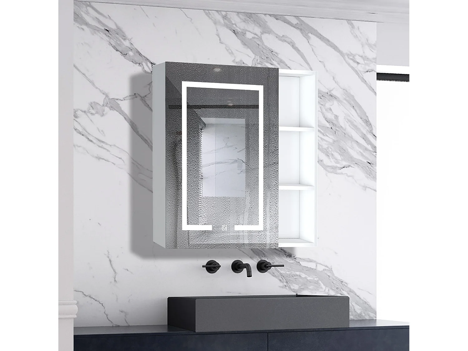AICA LED Spiegelschrank mit Seiteschrank 80x70cm,Beschlagfrei,3 Lichtfarbe,Dimmbar,Steckdose - Weiß Matt