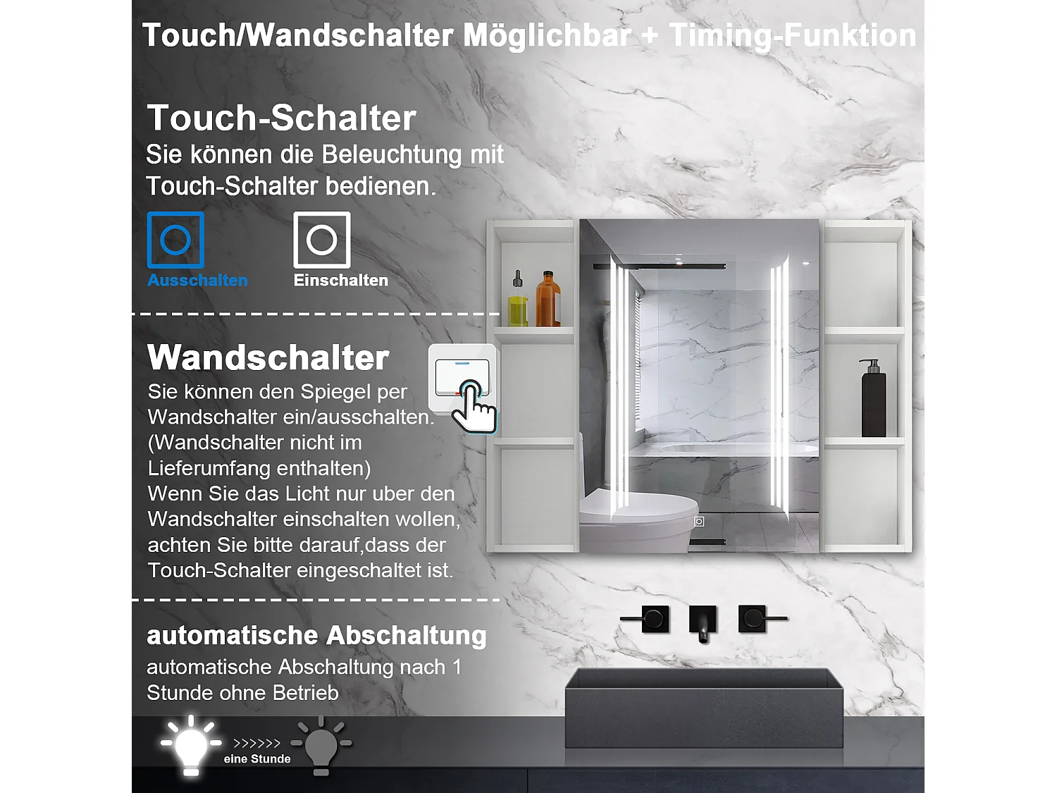 AICA LED Spiegelschrank mit Seiteschrank,100x70cm,3 Lichtfarben,dimmbar,Steckdose,Anti-Beschlag - Weiß Matt