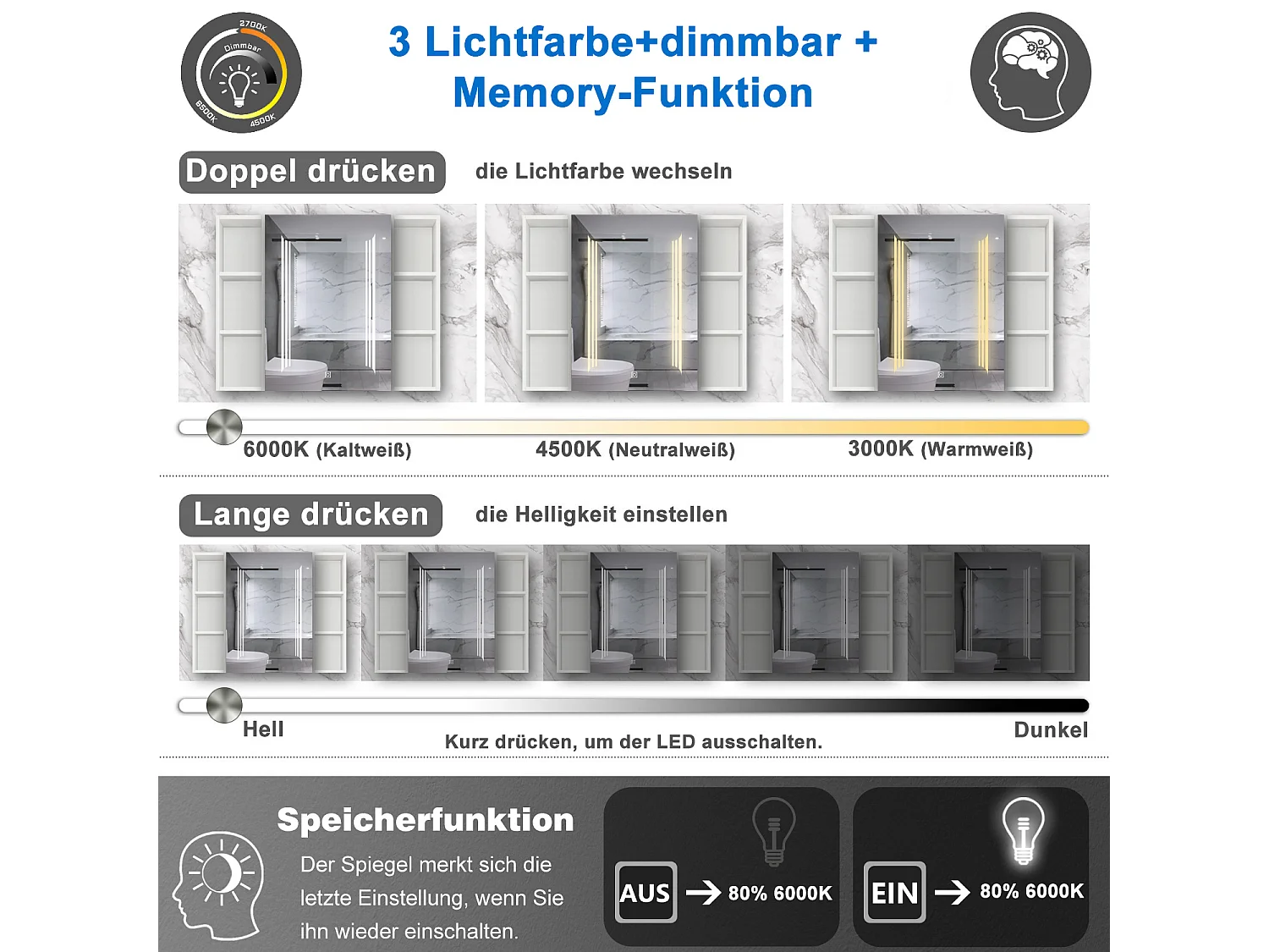 AICA LED Spiegelschrank mit Seiteschrank,100x70cm,3 Lichtfarben,dimmbar,Steckdose,Anti-Beschlag - Weiß Matt