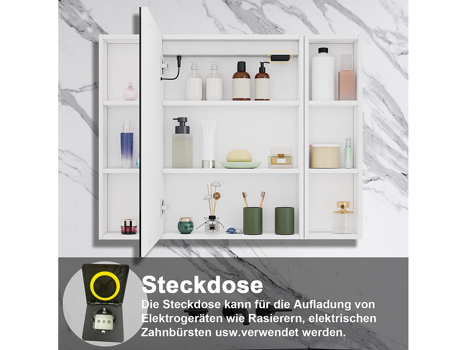AICA LED Spiegelschrank mit Seiteschrank,100x70cm,3 Lichtfarben,dimmbar,Steckdose,Anti-Beschlag - Weiß Matt