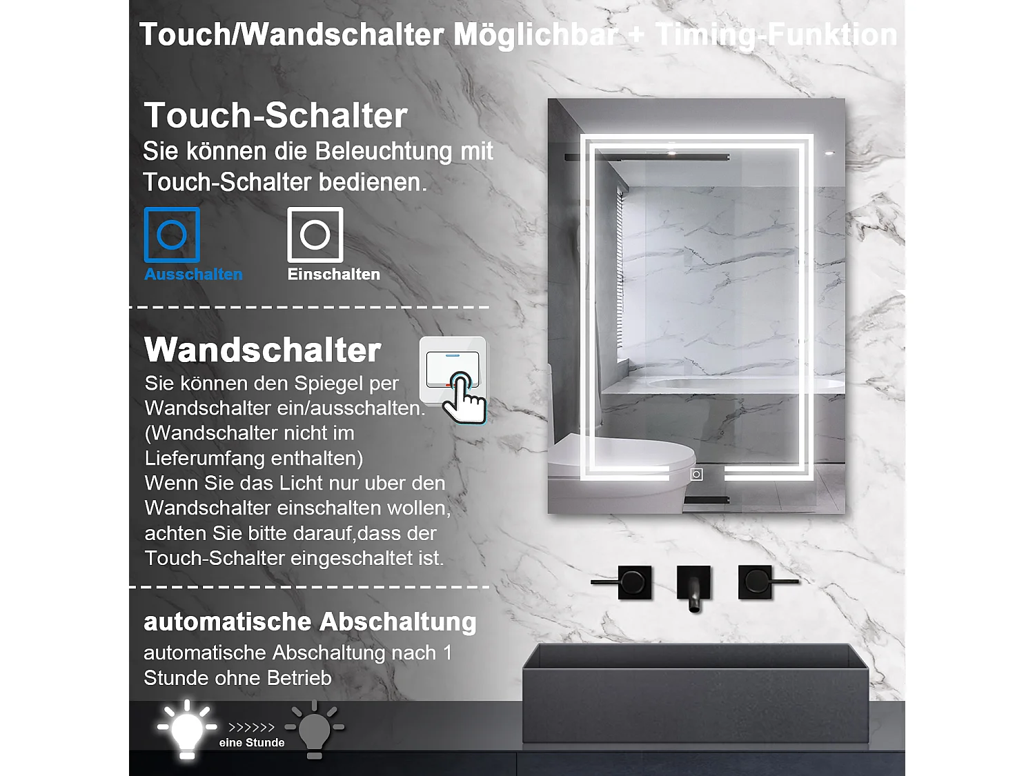 AICA LED Spiegelschrank mit Steckdose 50x70cm,3 Lichtfarbe dimmbar,Anti-Beschlag - Hochglanz Schwarz