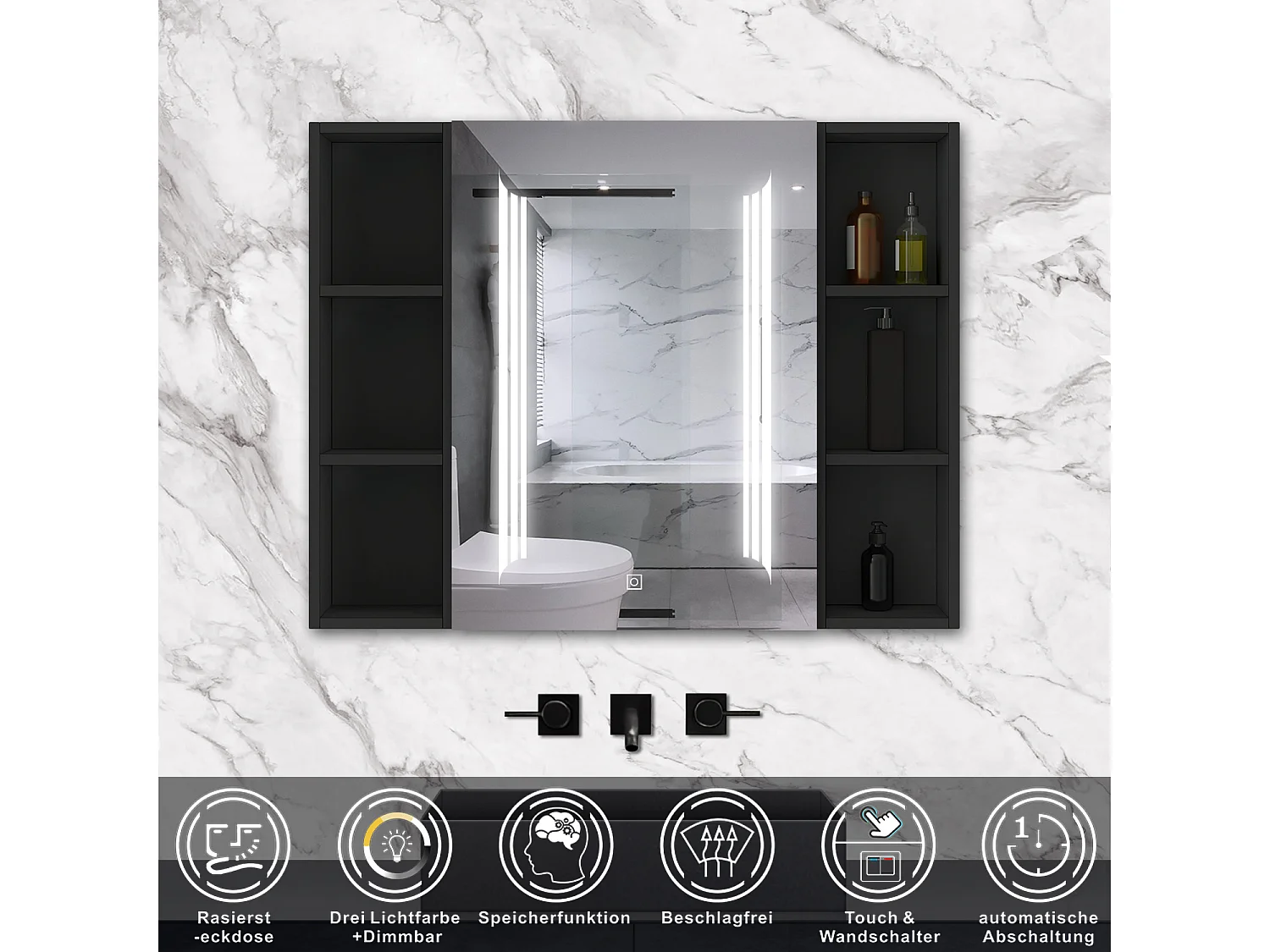 AICA LED Spiegelschrank mit Seiteschrank,100x70cm,3 Lichtfarben,dimmbar,Steckdose,Anti-Beschlag - Hochglanz Schwarz