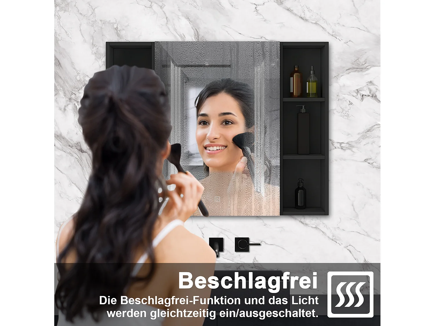 AICA LED Spiegelschrank mit Seiteschrank,100x70cm,3 Lichtfarben,dimmbar,Steckdose,Anti-Beschlag - Hochglanz Schwarz