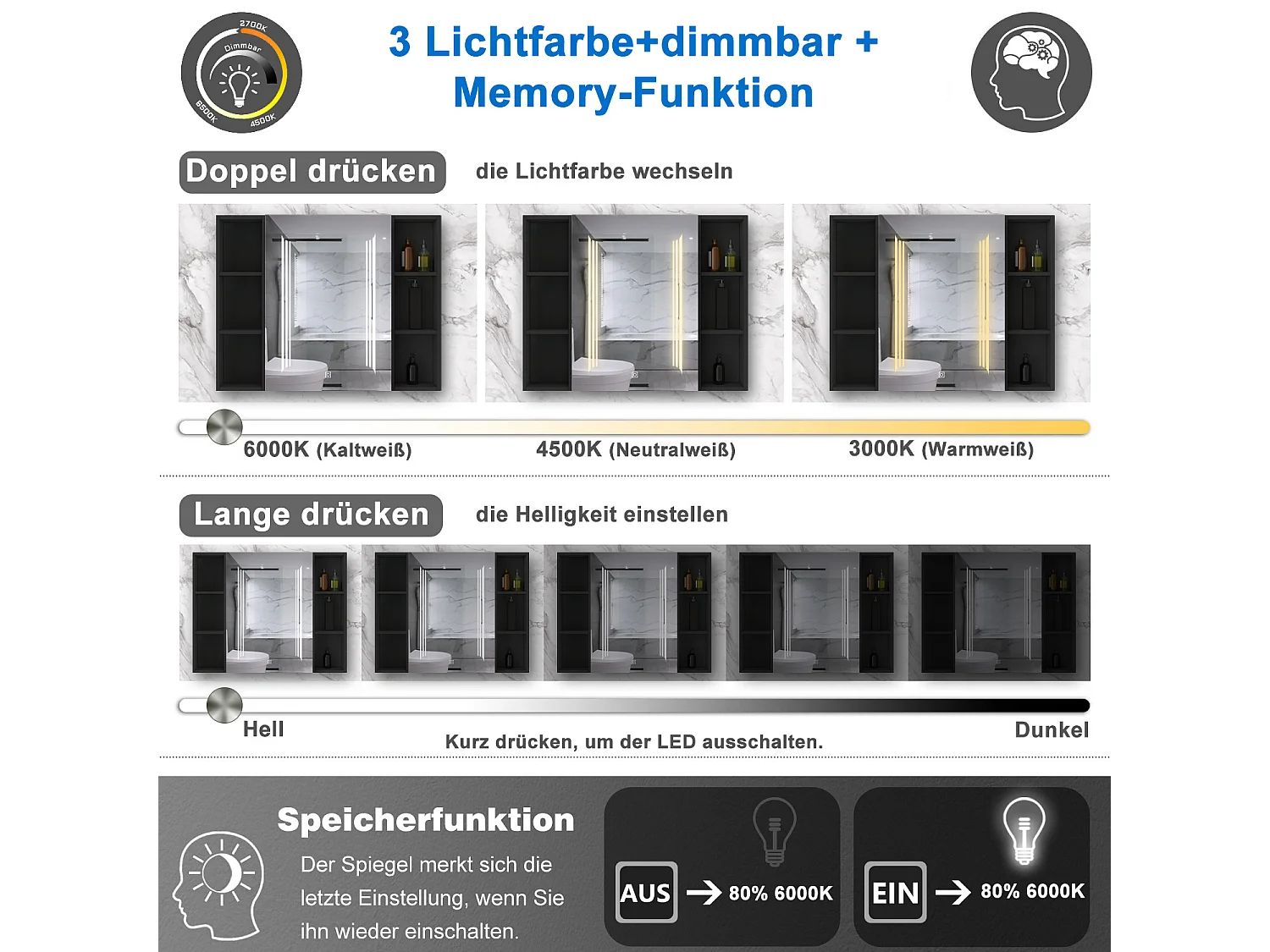AICA LED Spiegelschrank mit Seiteschrank,100x70cm,3 Lichtfarben,dimmbar,Steckdose,Anti-Beschlag - Hochglanz Schwarz