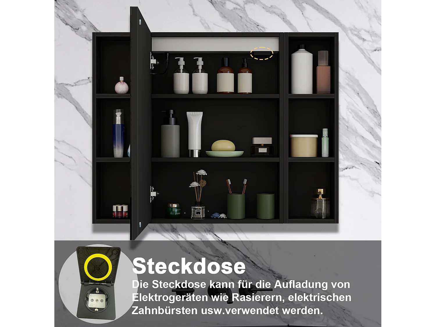 AICA LED Spiegelschrank mit Seiteschrank,100x70cm,3 Lichtfarben,dimmbar,Steckdose,Anti-Beschlag - Hochglanz Schwarz