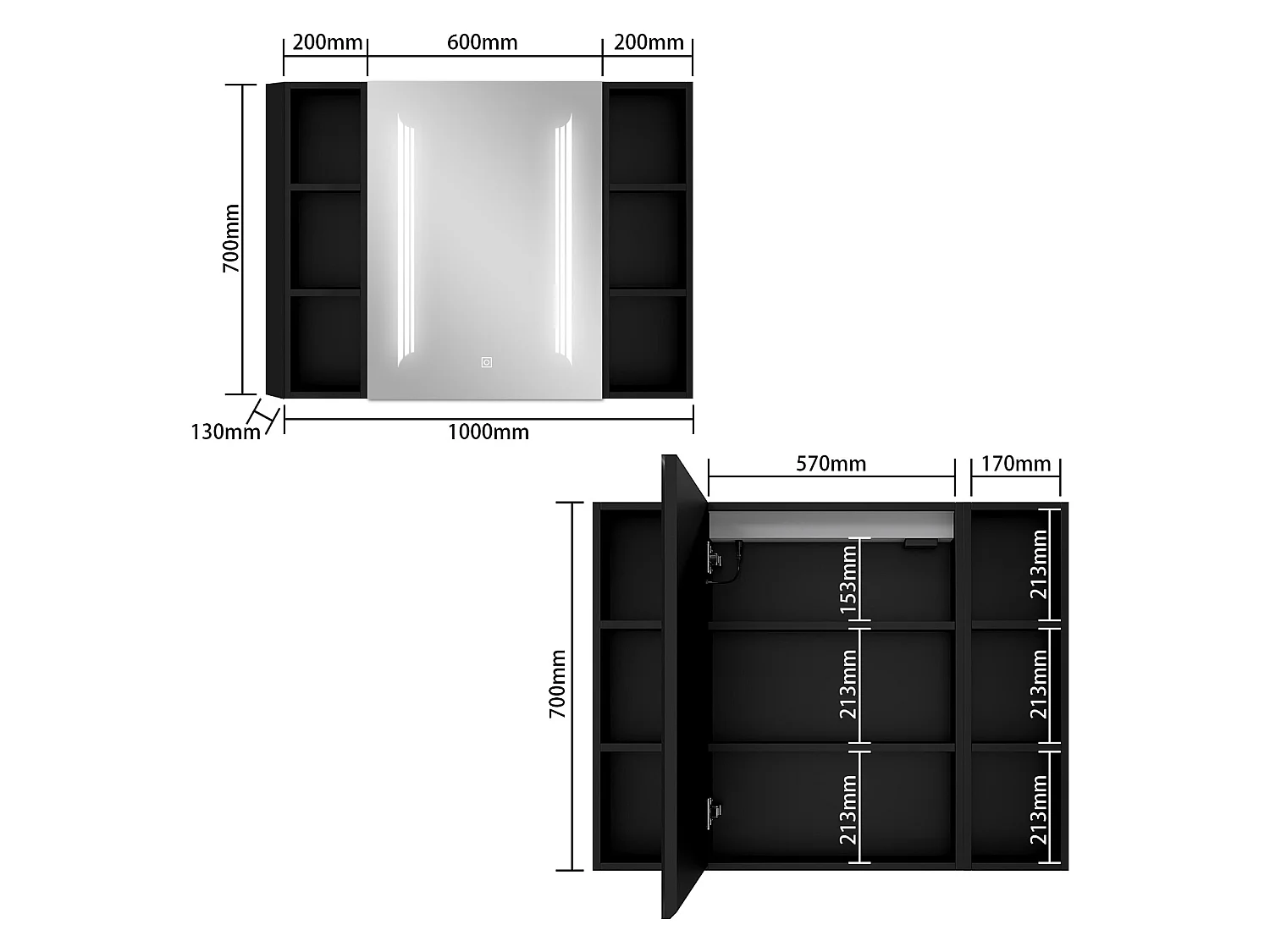 AICA LED Spiegelschrank mit Seiteschrank,100x70cm,3 Lichtfarben,dimmbar,Steckdose,Anti-Beschlag - Hochglanz Schwarz